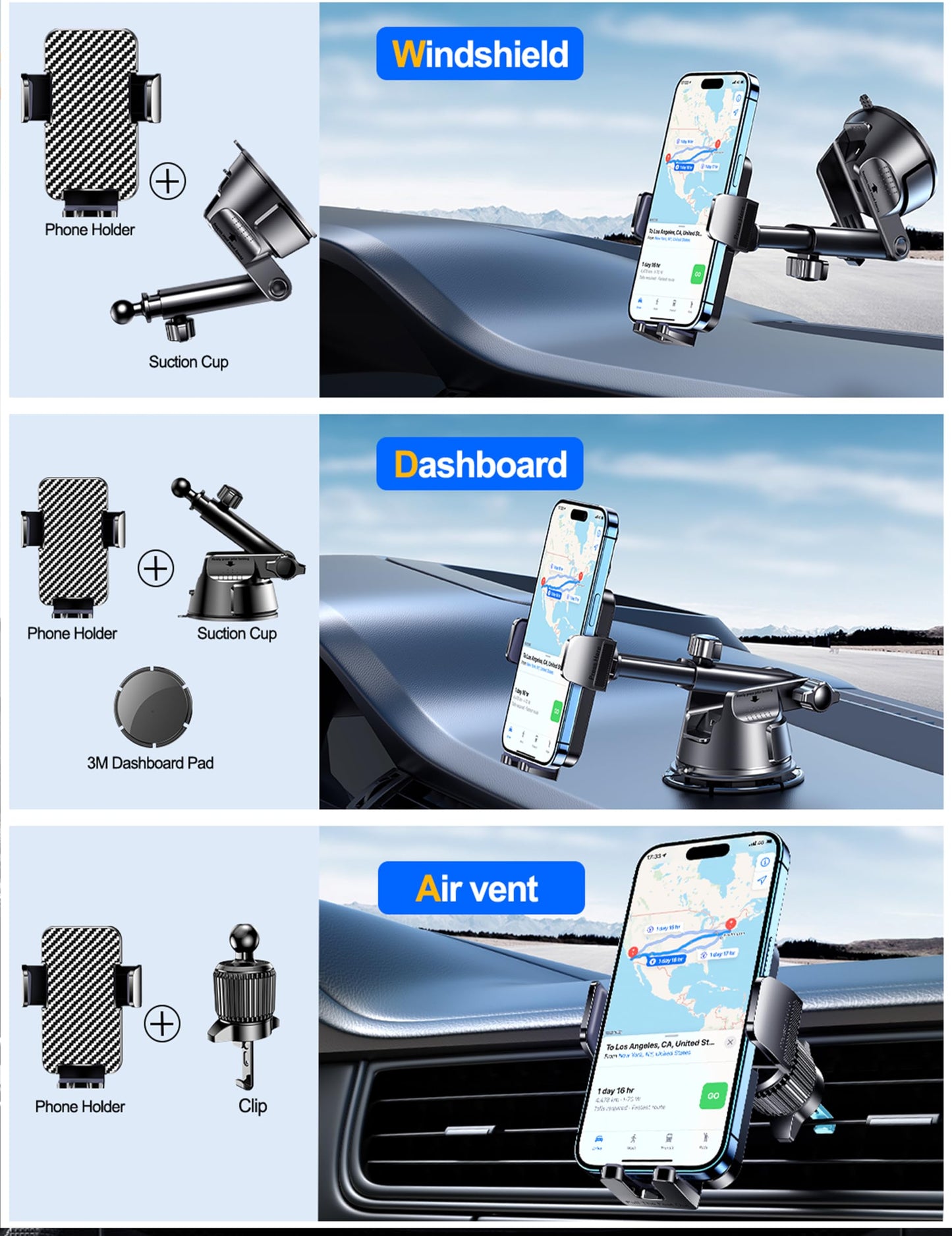 Qifutan Dash Mounted Holders Phone Holders for Your Car Phone Mount for Car Windshield Dashboard Air Vent Universal Desk Mounts Hands Free Automobile Cell Phone Holder Fit for iPhone Smartphone - Medaid International