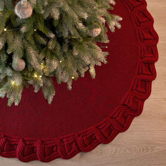 KHOYIME Red Knitted Christmas Tree Skirt 36 Inches, Rustic Vintage Large Xmas Tree Rug Skirt Chunky Thick Knit Boho Under Tree Skirt, Farmhouse Indoor Holiday Decorations New Year Home Party Decor - Medaid International