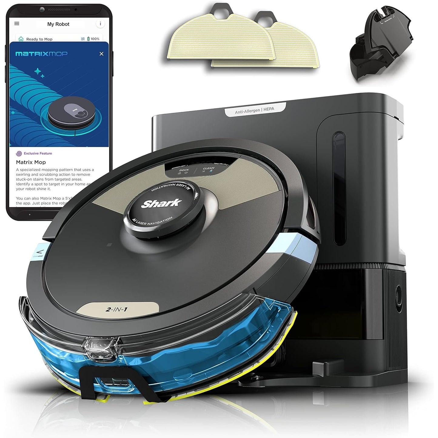 Shark Matrix Plus 2in1 Robot Vacuum & Mop with Sonic Mopping, Matrix Clean, Home Mapping, HEPA Bagless Self Empty Base, CleanEdge, for Pet Hair, Wifi, Black/Gold (AV2610WA) - Medaid