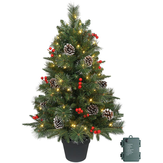 3Ft Pre-Lit Artificial Christmas Tree Tabletop with Battery Operated 70 Warm LED Red Berries Pine Cone Pine Needle, Greenery Potted Christmas Tree for Indoor, Porch, Outdoor - Medaid International
