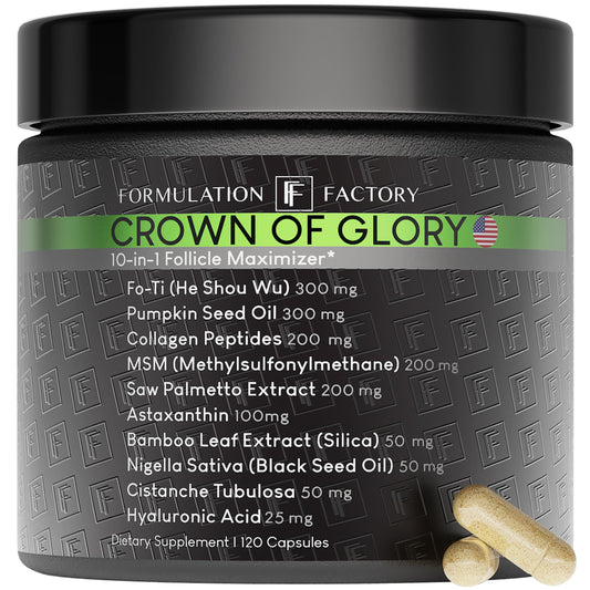 Formulation Factory Crown of Glory 10-in-1 Hair Growth Maximizer, DHT Blocker with Saw Palmetto, Fo-Ti, Collagen, Supports Thicker Hair & Scalp Health (2 Month Supply, 120 Capsules) - Medaid International