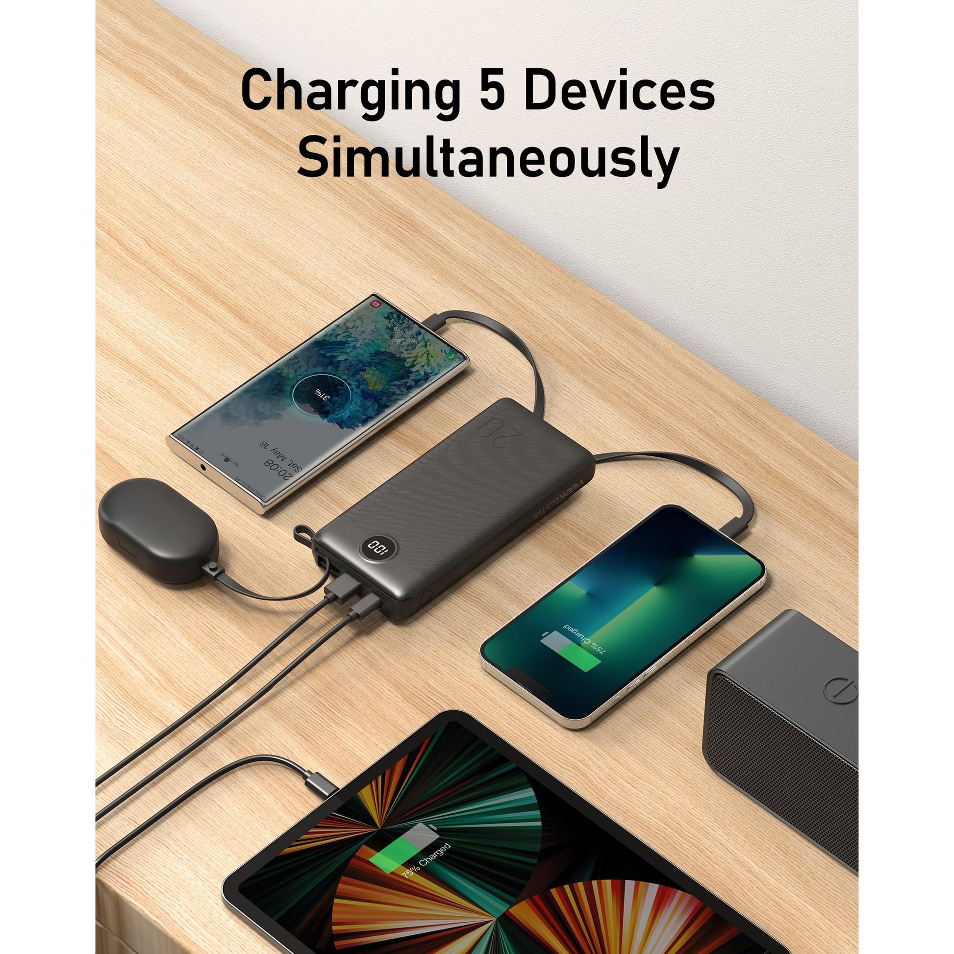 VEEKTOMX Power Bank with Built in Cables 20000mAh BK EU - Medaid International