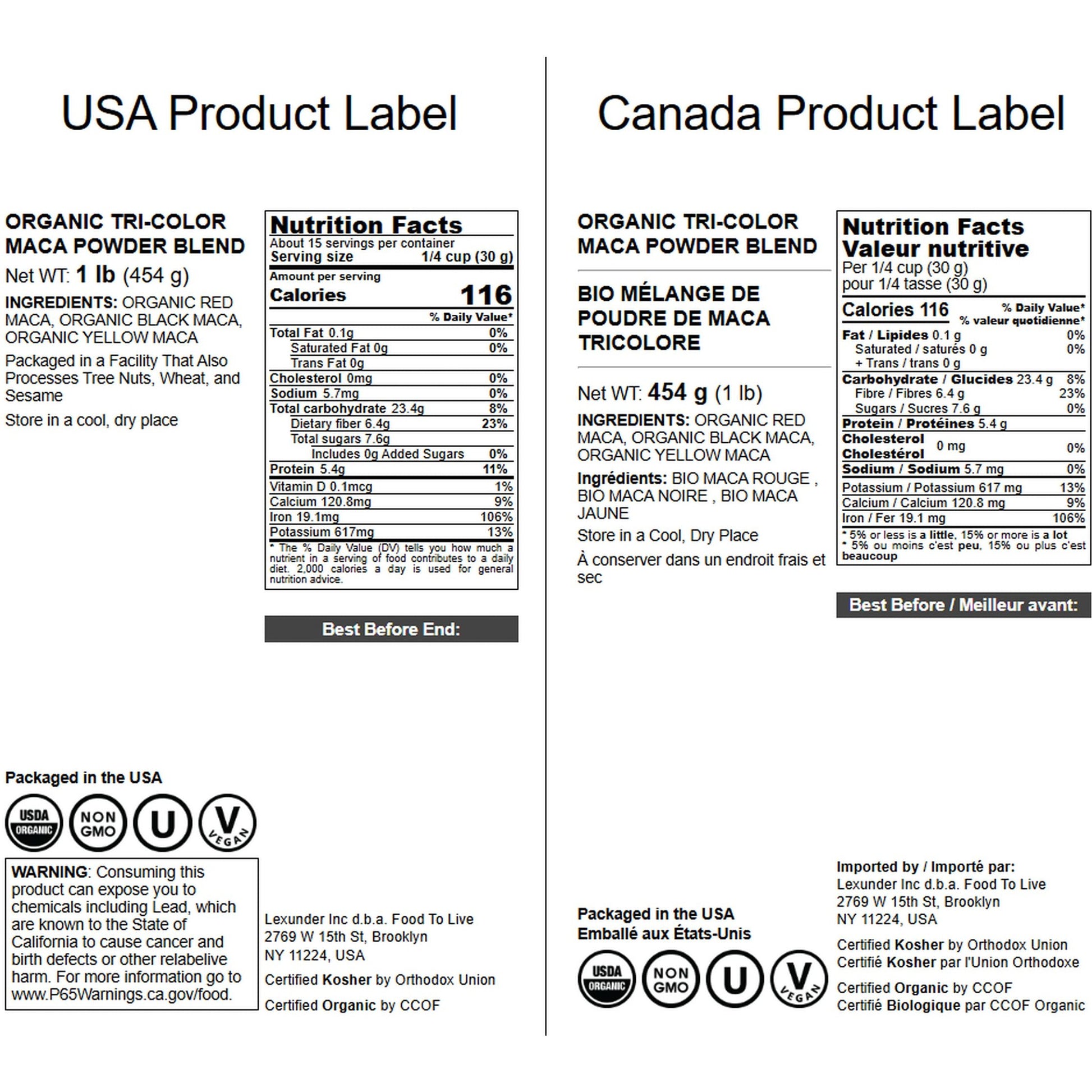 Food to Live Organic Tri-Color Maca Powder Blend, 1 Pound Red, Yellow and Black Maca for Energy, 100% Natural Superfood, Perfect for Baking and Smoothies, Non-GMO, Vegan, Kosher, Bulk - Medaid International