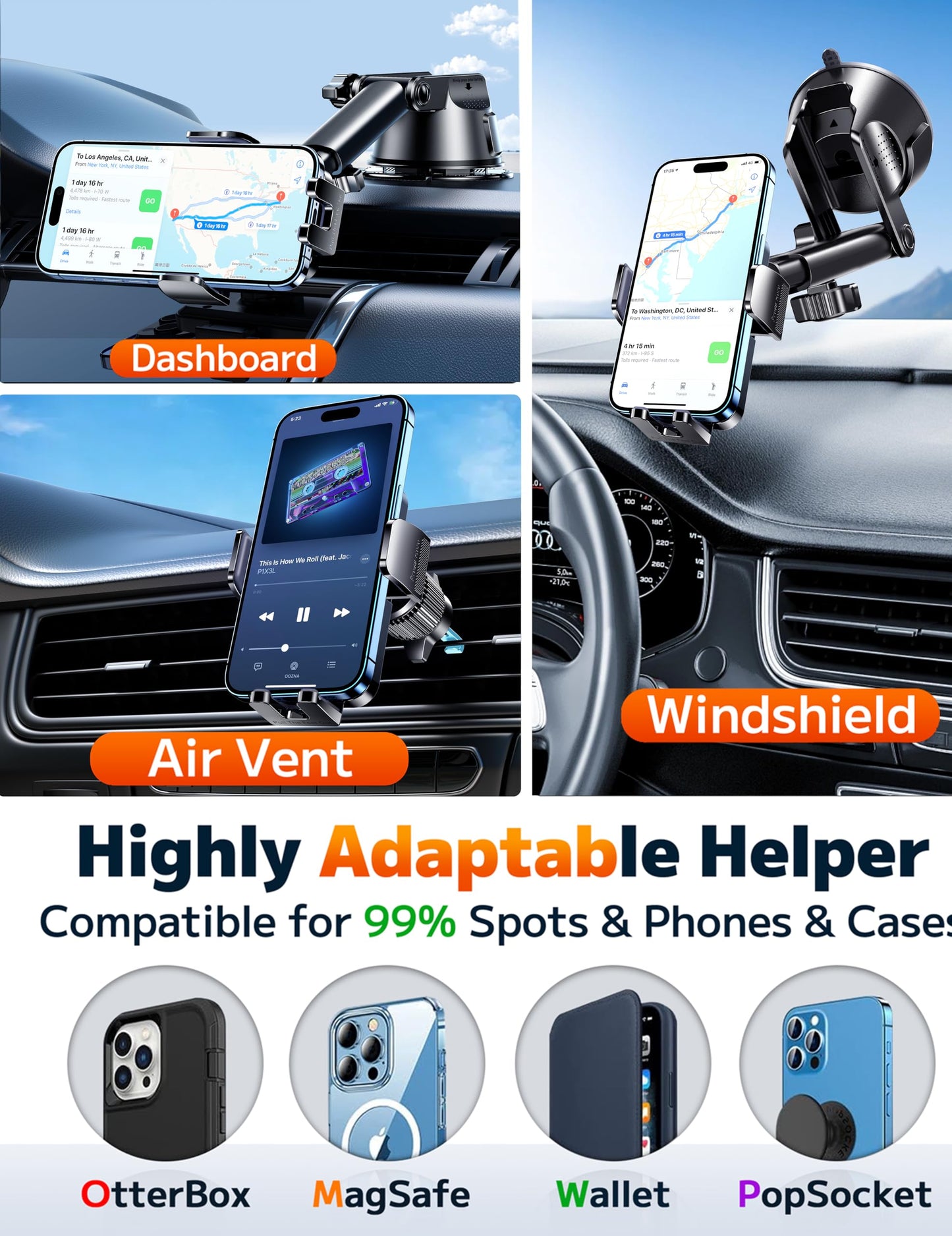 Qifutan Dash Mounted Holders Phone Holders for Your Car Phone Mount for Car Windshield Dashboard Air Vent Universal Desk Mounts Hands Free Automobile Cell Phone Holder Fit for iPhone Smartphone - Medaid International