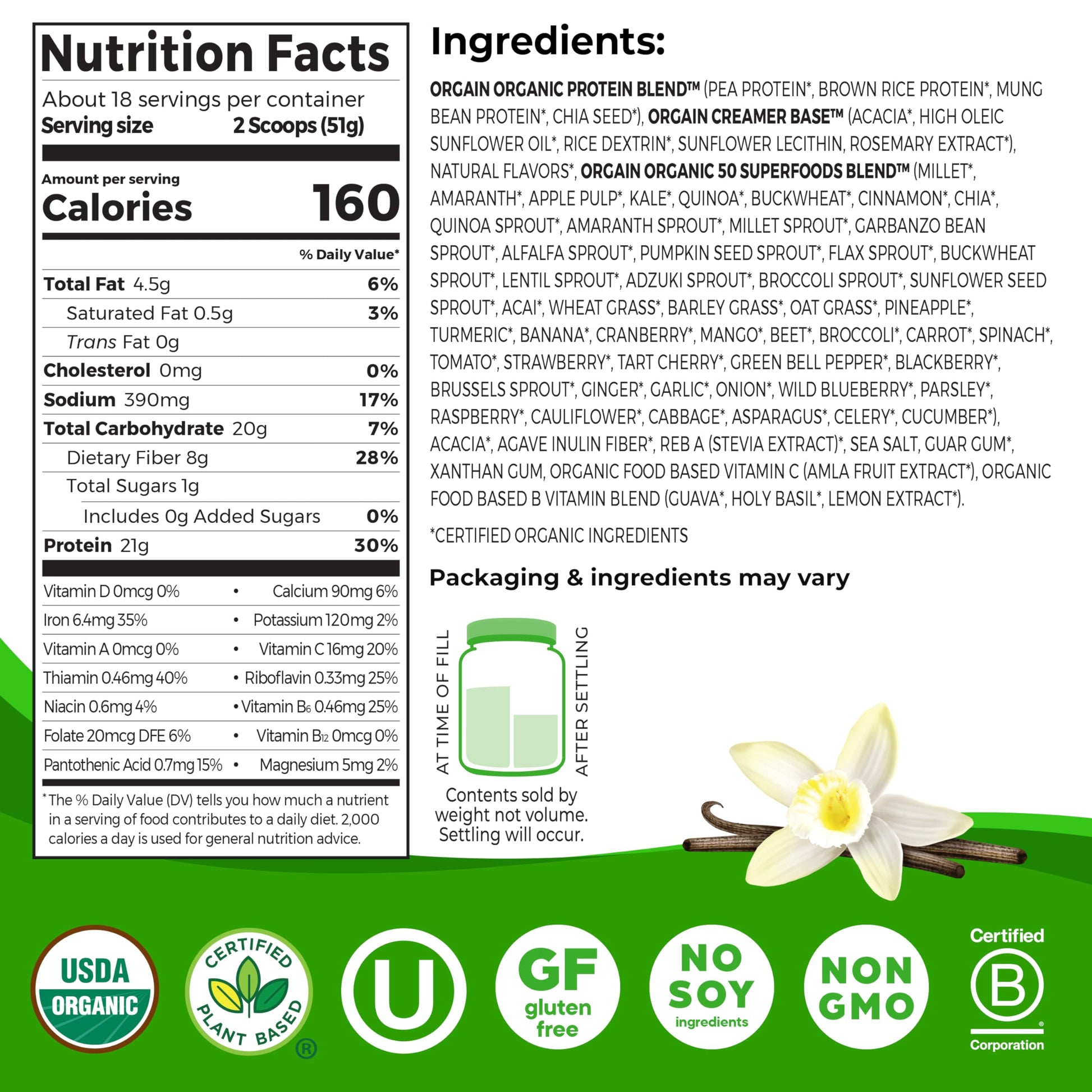 Orgain Organic Vegan Protein + 50 Superfoods Powder, Vanilla Bean - 21g Plant Based Protein, 8g Prebiotic Fiber, No Lactose Ingredients, Gluten Free, No Added Sugar, Non-GMO, 2.02 lb - Medaid International