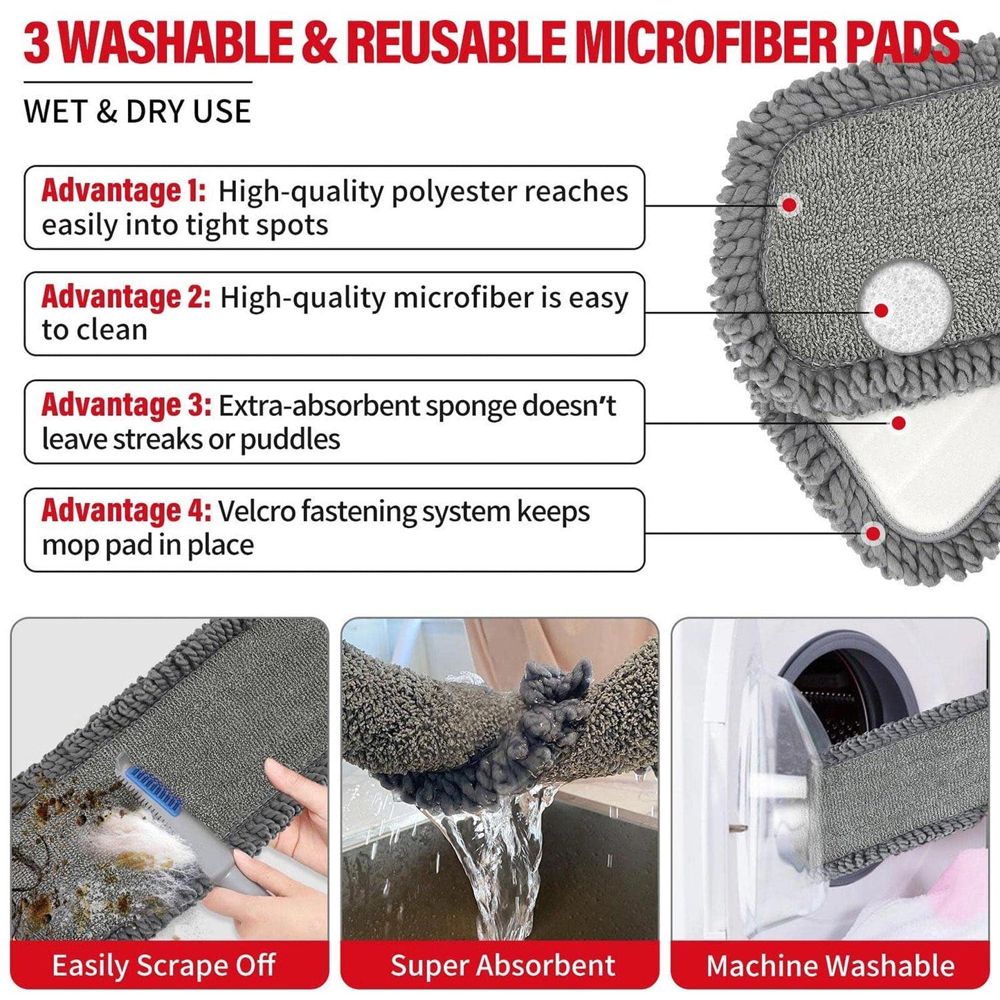 Spray Mops for Floor Cleaning, Microfiber Spray Cleaning Mop Kit with 3 Reusable Washable Pads 700ML Refillable Bottle and Scrubber Flat Mop with 360 Degree Swivel Head for Hardwood Laminate (Grey) - Medaid International