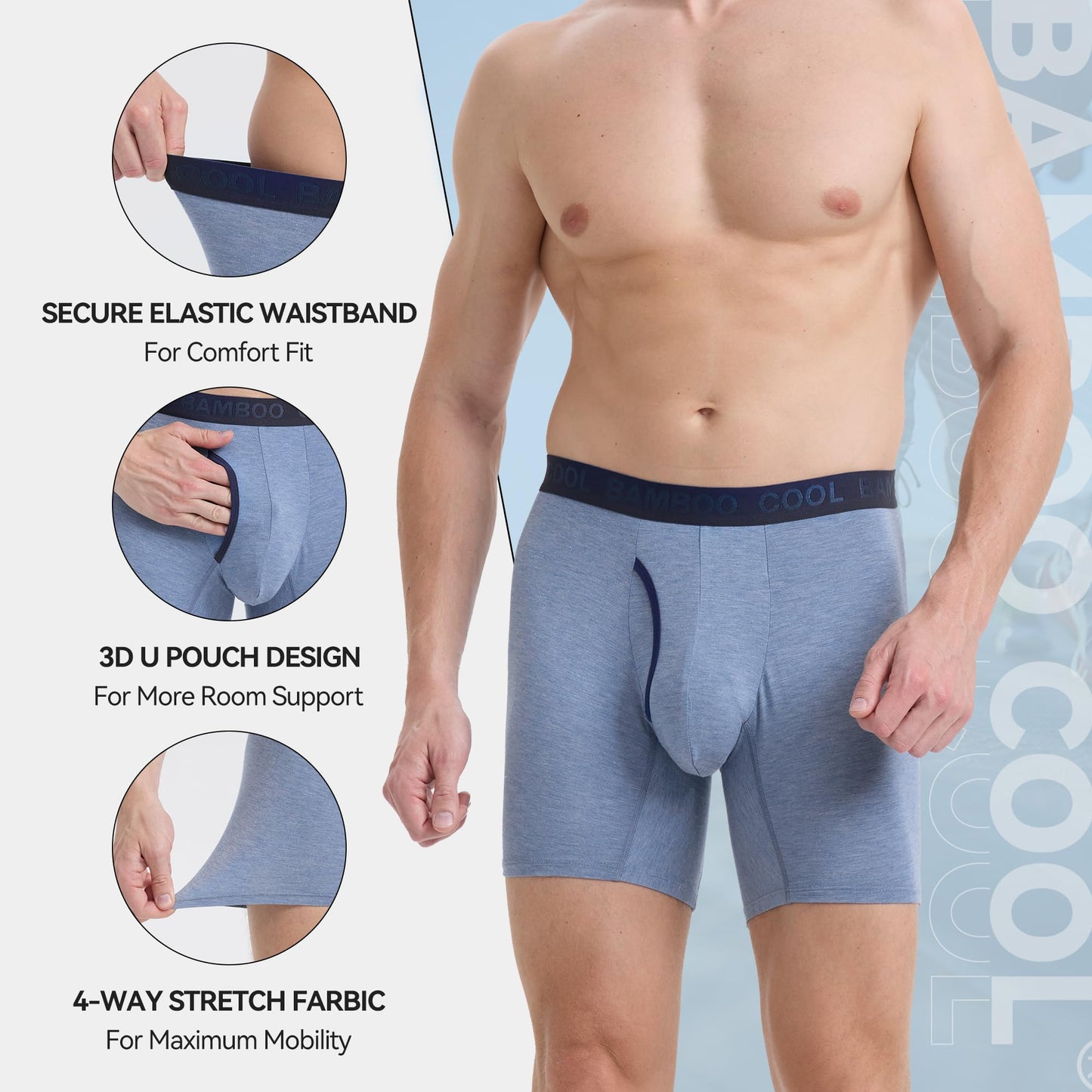 BAMBOO COOL Men's Underwear Boxer Briefs,Regular Leg,Breathable Soft Moisture-Wicking with Fly Underwear For men 4 Pack - Medaid International