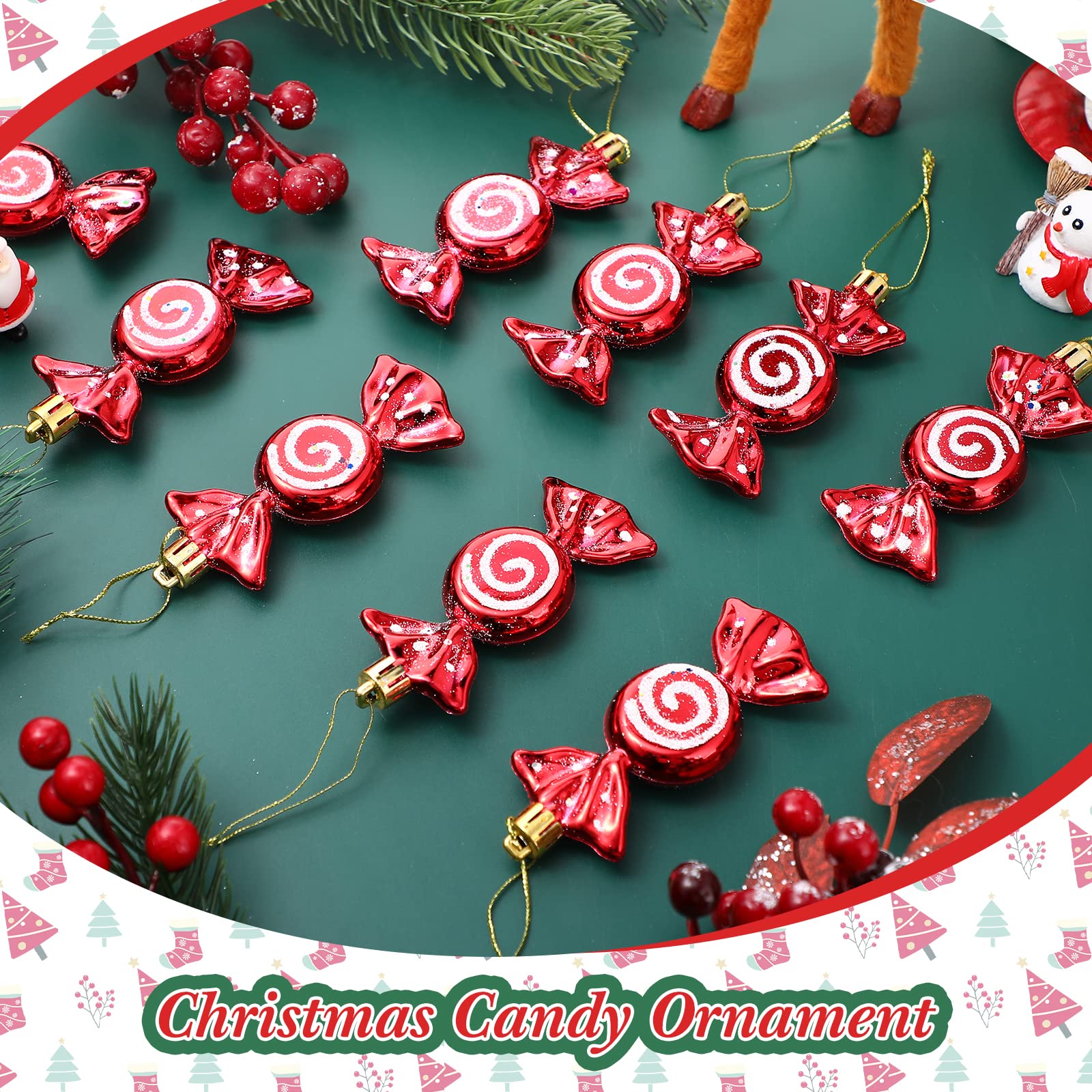 Threan 12 Pcs Christmas Candy Ornaments Hanging Glitter Candy Cane Decoration Xmas Tree Peppermint Ornament with Golden Rope for Xmas Halloween Decoration(Red,Plastic) - Medaid International