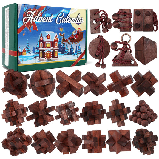 Advent Calendar 2025, Christmas Countdown Calendar Gift Box with 24 Brain Teaser Puzzles, 24 Days Wooden Brain Teaser Puzzles Xmas Countdown Calendar Challenge for Adults Teens Boys Girls - Medaid International