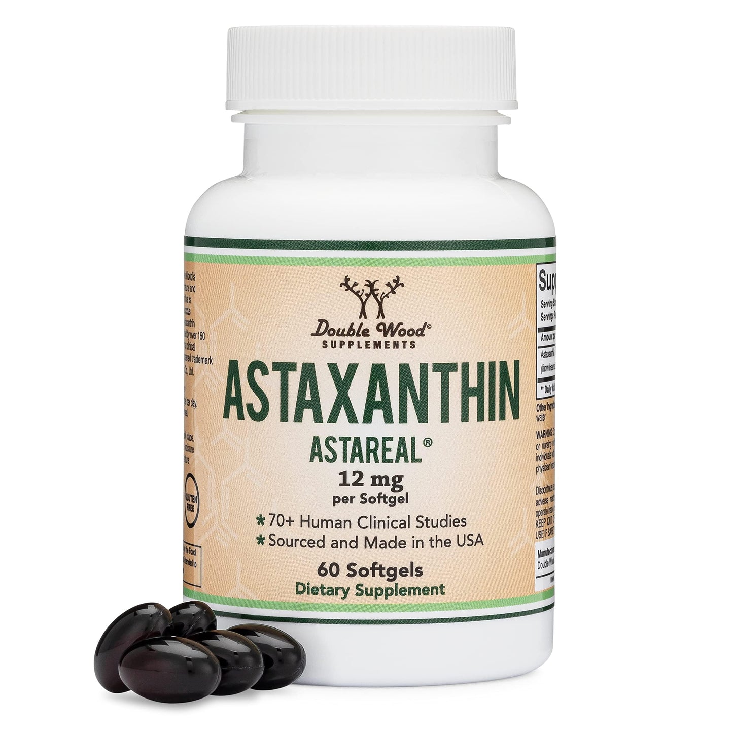 Astaxanthin 12mg Max Strength (Only Patented Astaxanthin (Astrareal) with 70+ Human Clinical Trials - World's Most Studied Brand) Grown, Harvested, and Made in The USA (Astaxantina) by Double Wood - Medaid International