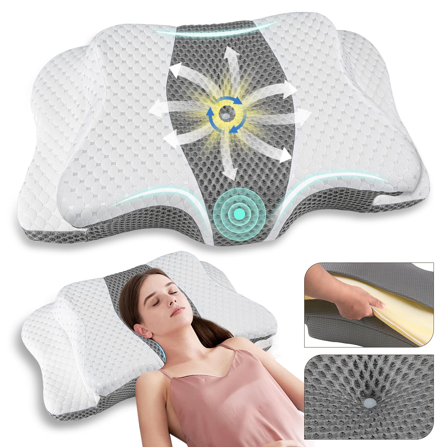 Pain Relief Cervical Pillow for Neck Support,Adjustable Ergonomic Pillow Cozy Sleeping,Odorless Orthopedic Memory Foam Pillows,Contour Bed Pillow for Side Back Stomach Sleeper - Medaid International