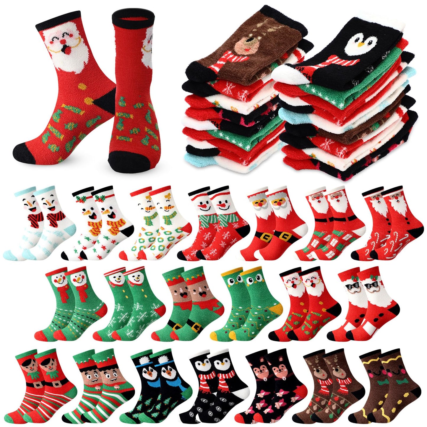 Cutecrop 20 Pairs Christmas Fuzzy Socks Bulk for Women Xmas Fluffy Winter Socks Warm Slipper for Gifts Family Adults - Medaid International