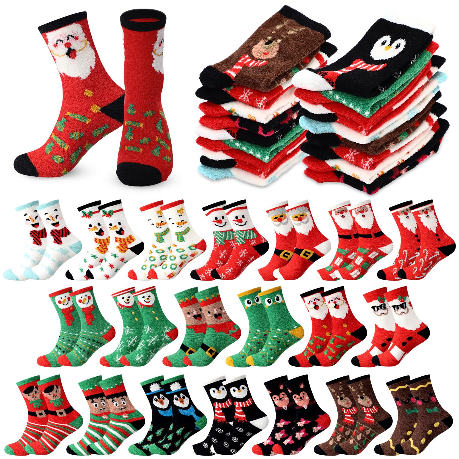Cutecrop 20 Pairs Christmas Fuzzy Socks Bulk for Women Xmas Fluffy Winter Socks Warm Slipper for Gifts Family Adults - Medaid International