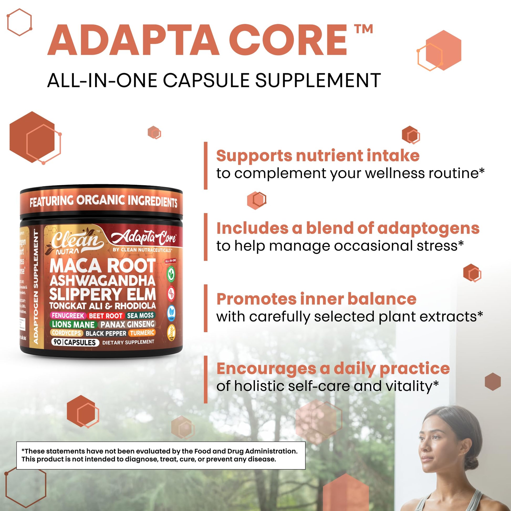 Adapta Core Adaptogens Supplements | Maca Root Ashwagandha Slippery Elm Tongkat Ali Rhodiola Rosea Fenugreek Beetroot Sea Moss Ginseng Pepper Mushrooms Horny Goat Weed 90 Capsules by Clean Nutra - Medaid International