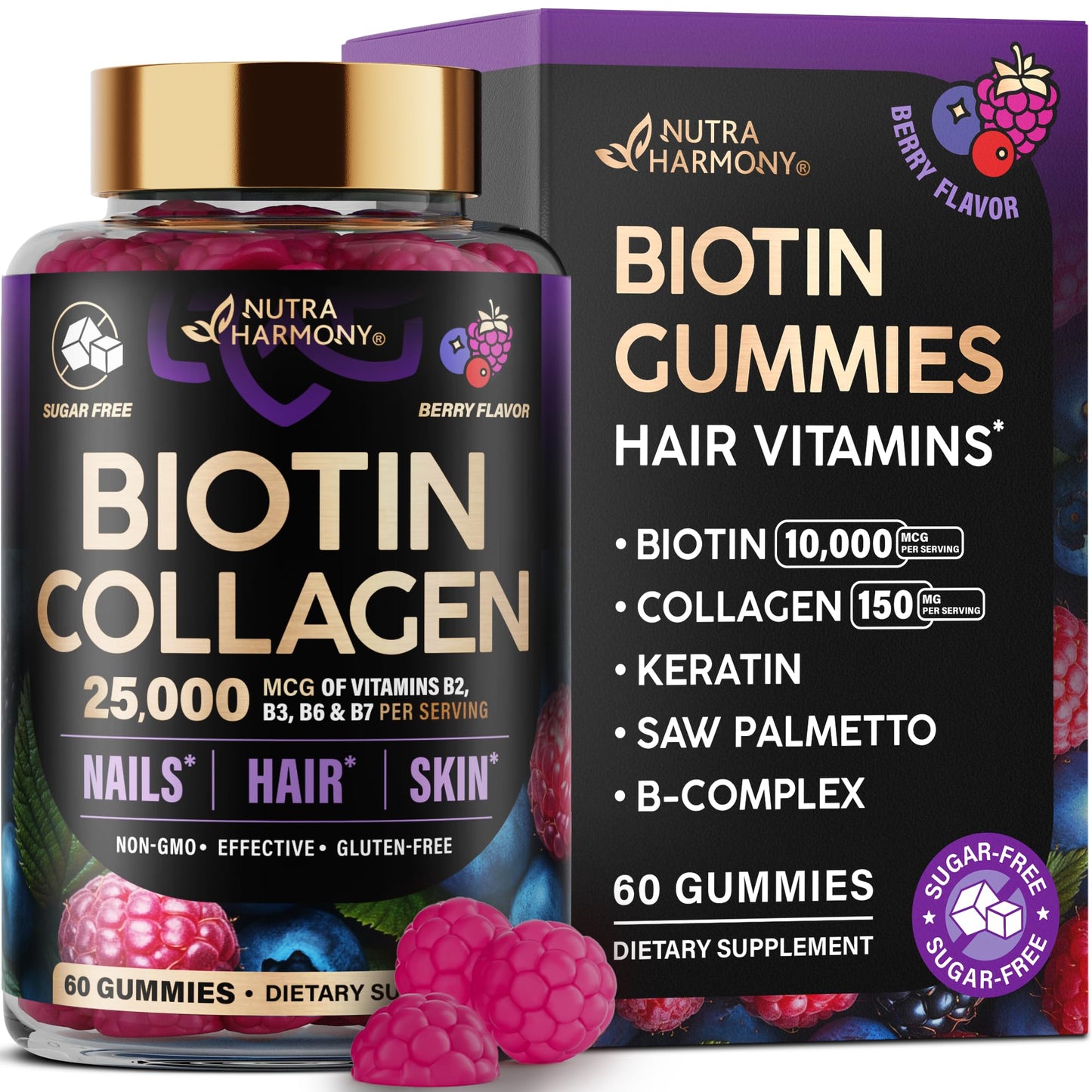 Biotin Gummies with Collagen - Hair Growth Support Skin, & Nail Strength - for Women & Men - Biotin 10000mcg | Keratin | Hyaluronic Acid | B-Complex | Saw Palmetto - Sugar-Free, Mixed Berry - 60 Gummy - Medaid International