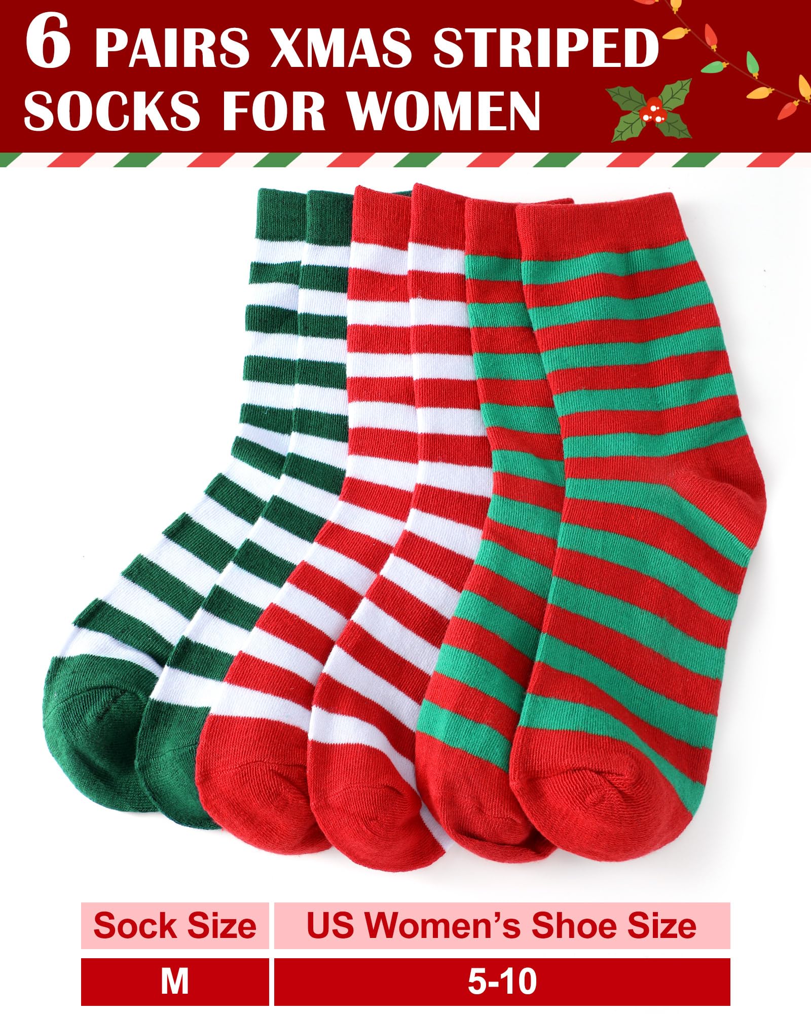 Eurzom 6 Pairs Christmas Women's Striped Socks Holiday Novelty Crew Socks Bulk Holiday Gift for Xmas Women Men Elf Costume(Red White, Green White, Red and Green) - Medaid International