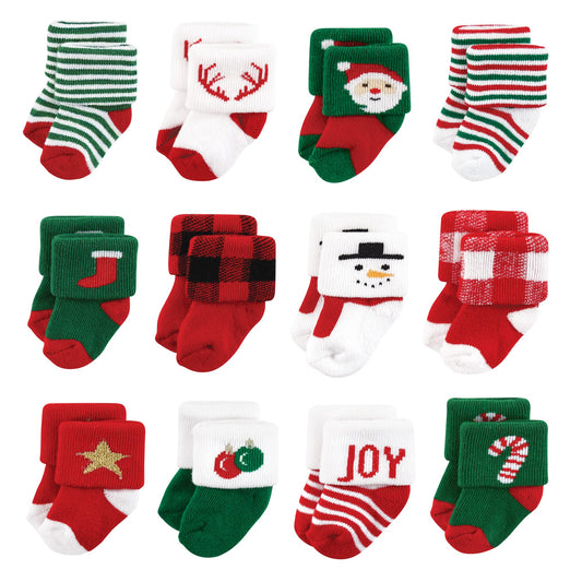 Hudson Baby Unisex Baby Cotton Rich Newborn and Terry Socks, 12 Days of Christmas Santa, 0-6 Months - Medaid International