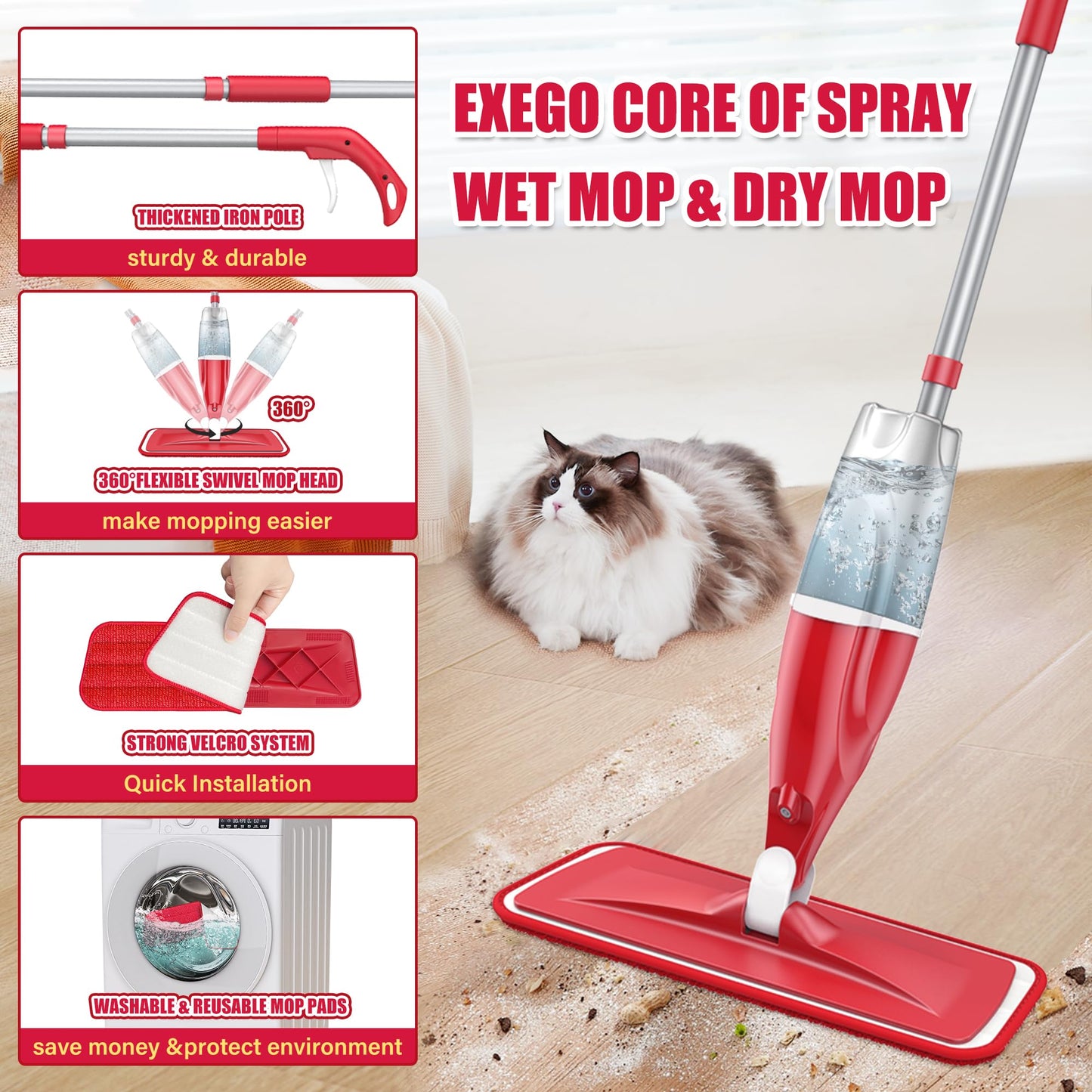Spray Wet Mops for Hardwood Floor Cleaning: EXEGO Microfiber Dry Dust Spray Mop with 3 Washable Pads fit for Swiffer PowerMop - Wet Jet Mop Flat Floor Mops with Sprayer for Wood Laminate Ceramic Tiles - Medaid International