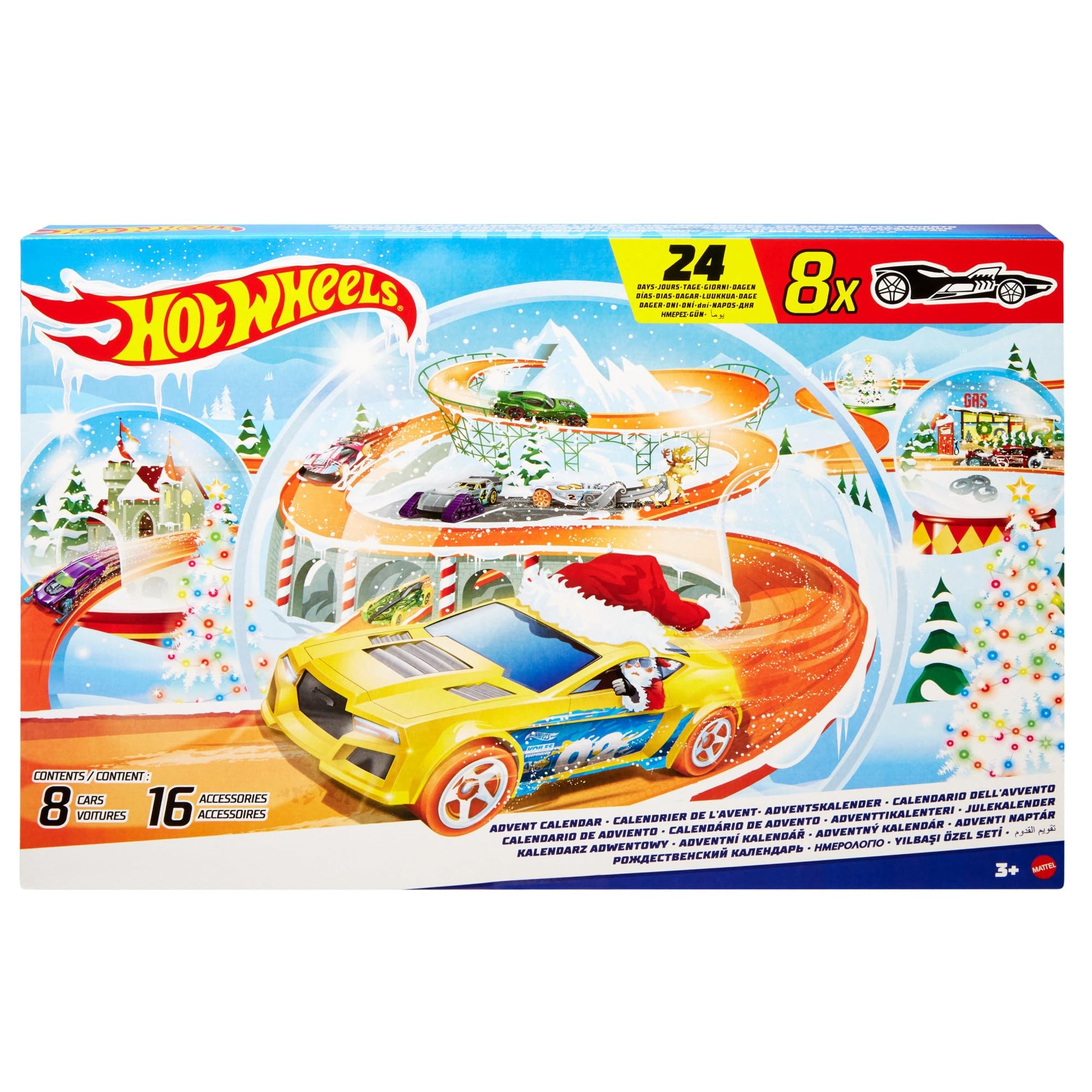 Hot Wheels Toy Cars, 2024 Advent Calendar, 8 1:64 Scale Cars, 16 Winter-Themed Accessories Behind 24 Numbered Doors & a Playmat - Medaid International