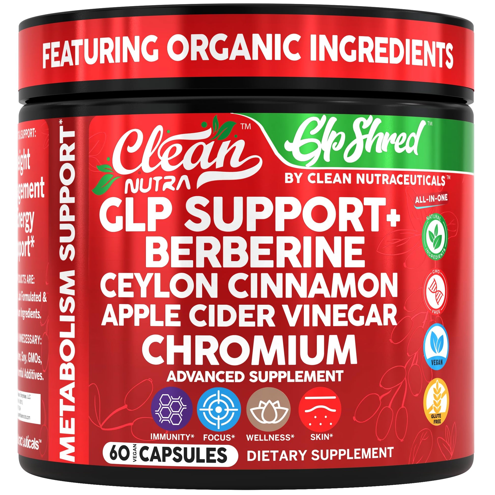 GLP1 Supplement Berberine Ceylon Cinnamon Apple Cider Vinegar Chromium Turmeric PCOS Supplements Immunity & Metabolism Support 60 Vegan Capsules by Clean Nutra - Medaid International