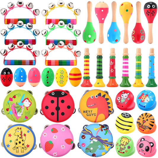 Halloscume 36 Pcs Shaker Musical Instruments for Kids Egg Shaker Wooden Trumpet Hand Held Tambourine Maracas Percussion Tambourine Drum Plastic Castanets for Preschool Early Music Learning Toy - Medaid International
