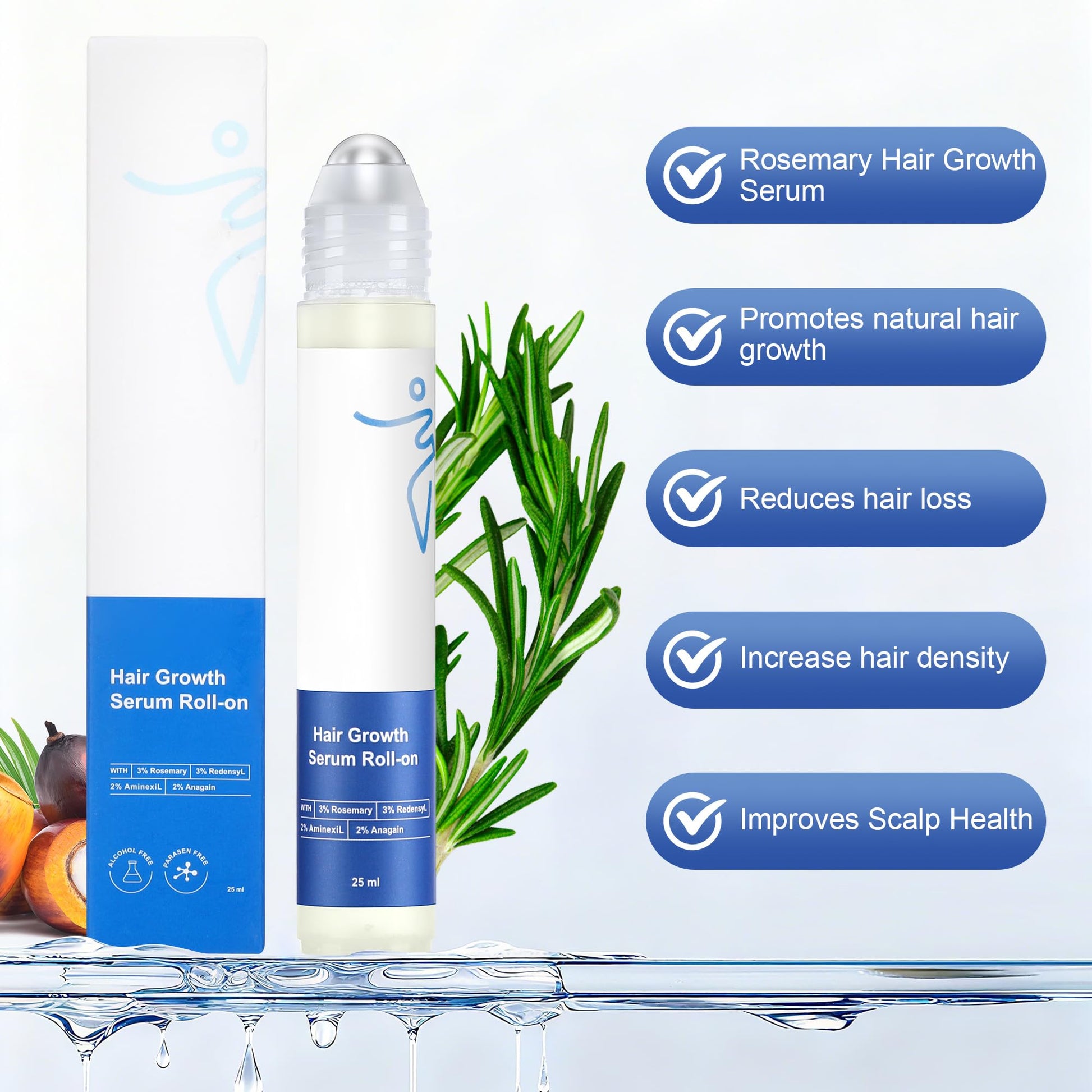 Hair Growth Serum Roll-On (25ml) – Powered by 3% Rosemary, 3% Redensyl & 2% Anagain | DHT Blocker for Stronger, Thicker Hair | Paraben/Sulfate-Free, Suitable for Men & Women - Medaid International