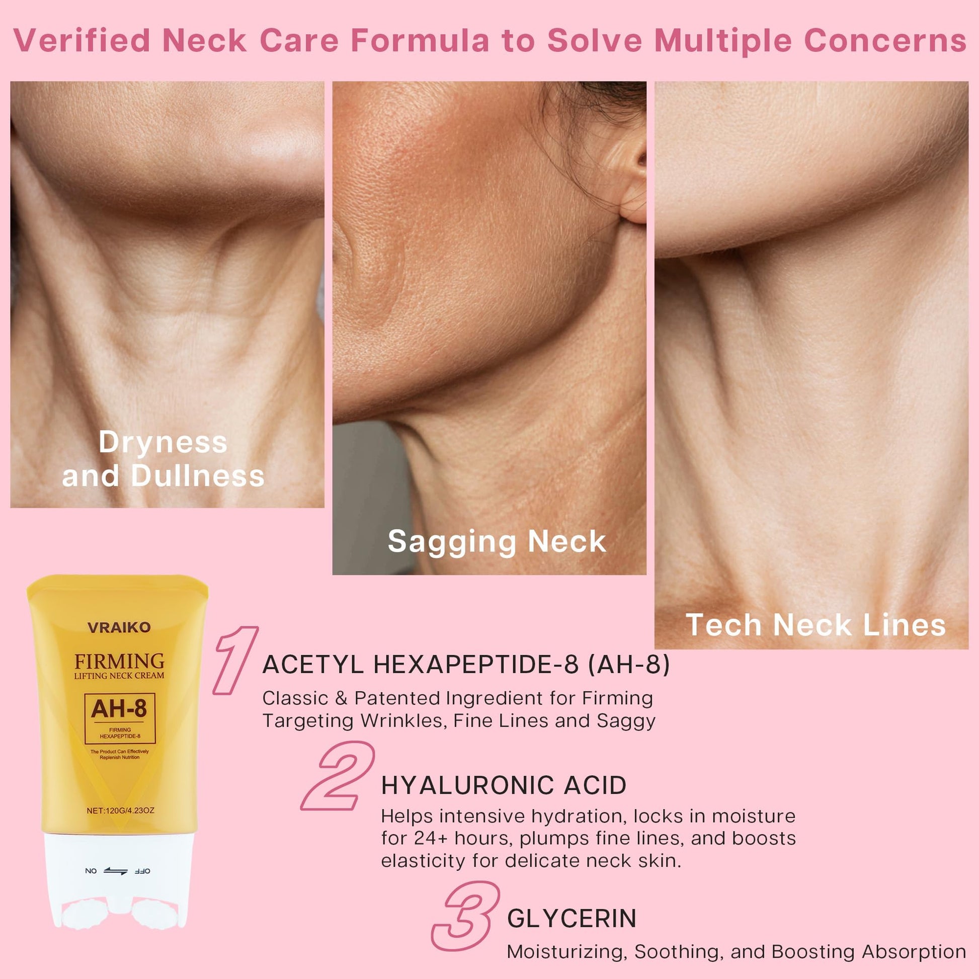 VRAIKO AH-8 Neck Firming Cream, 2-In-1 Gua Sha Neck Cream Roller with AH8 & Ceramide NP, Nourish Hydrate Double Chin Cream for Face Lift, Jawline & Sagging Skin (1PC) - Medaid International