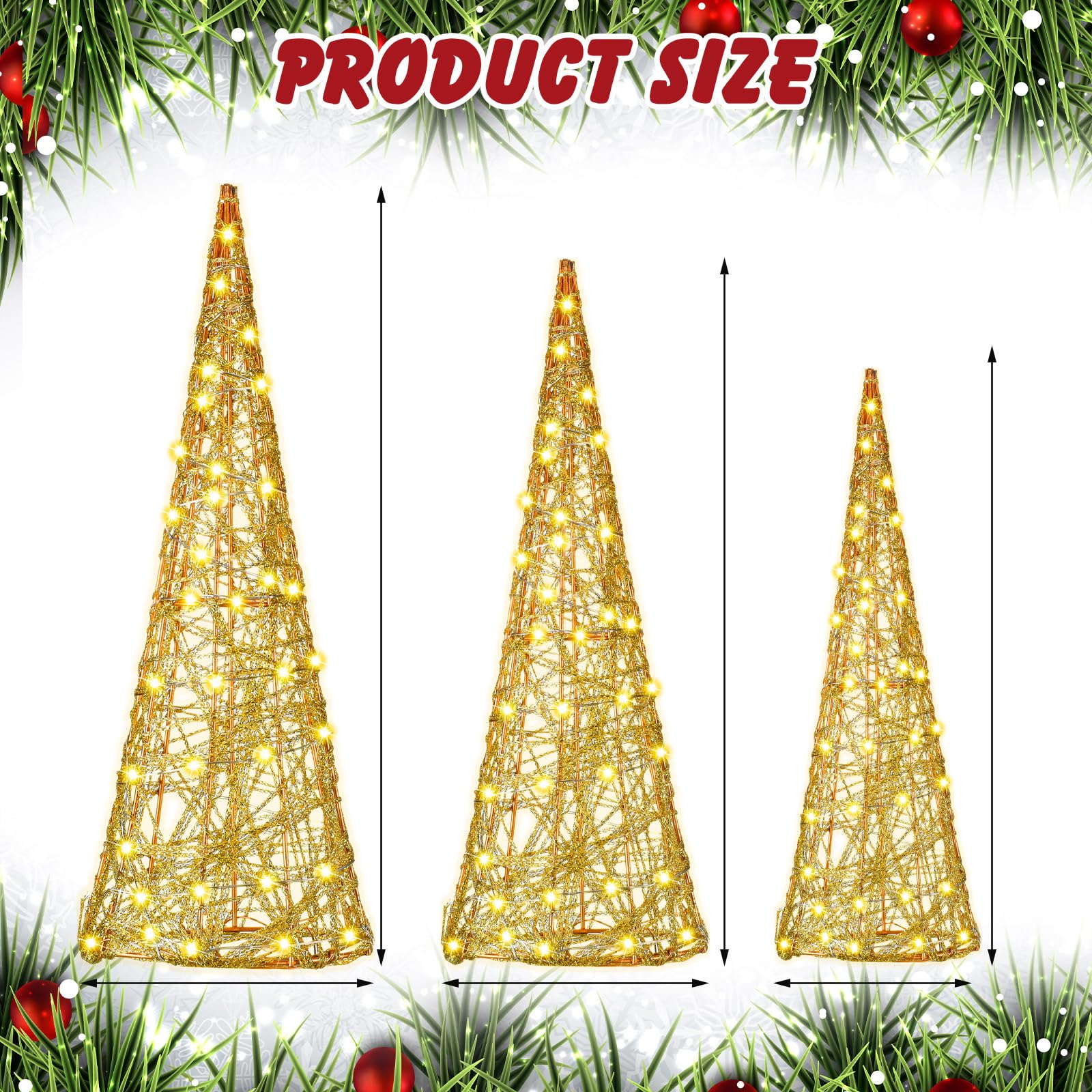 Baquler 3 Pcs LED Lighted Christmas Cone Trees Christmas Tree Ornament Gold Glittered Battery Operated Christmas Decoration Xmas Table Decor for Indoor Home Bedroom Tabletop Centerpiece Holiday Party - Medaid International