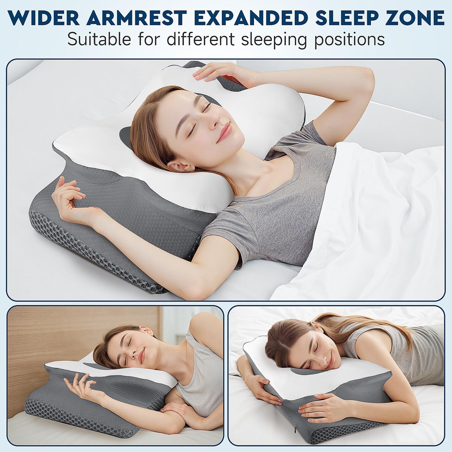 CushZone Cervical Neck Pillow, Memory Foam Neck Support Pillows for Sleeping, Shoulder Pillow for Side Sleepers, Back Stomach Sleepers, CertiPUR-US Certified, Queen Size, Grey - Medaid International