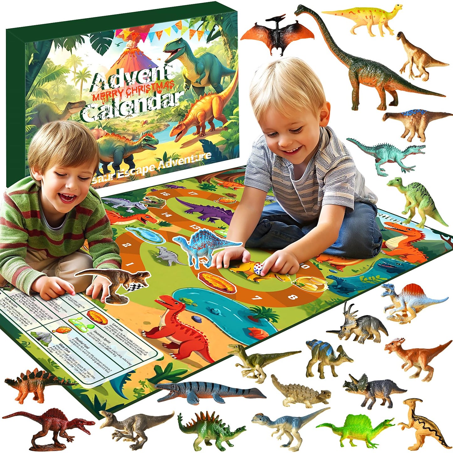 SenZjx Advent calendar 2025, Dinosaur Advent Calendar Kids Gift, Christmas Surprise 24 Unique Dinosaurs with Educational Facts - Family Dice Game with Escape Map - Medaid International
