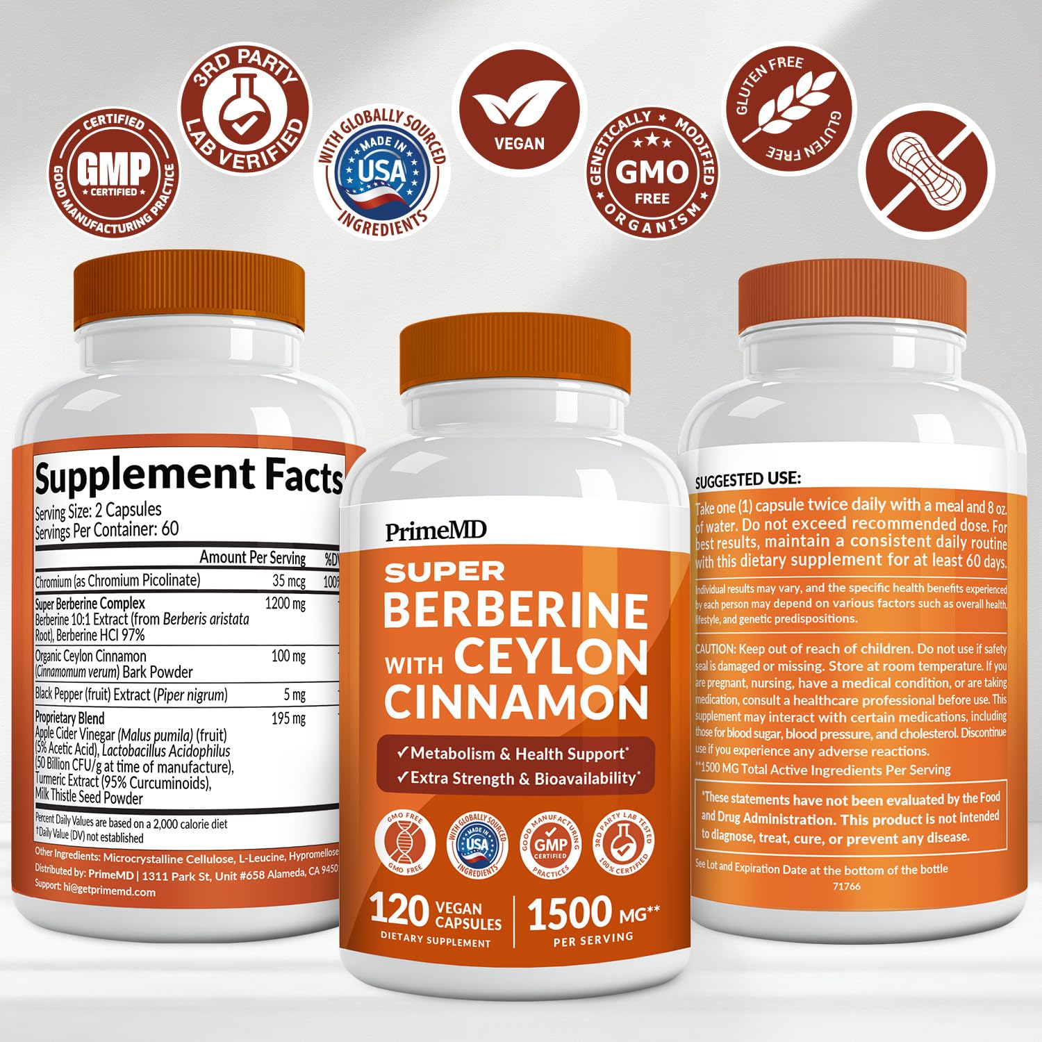 Super Berberine Supplement with Ceylon Cinnamon, BioPerine, Apple Cider, and Turmeric 1500mg - 8-in-1 Dihydroberberine Supplement for Overall Wellness and Balance Support, 120 ct - Medaid International
