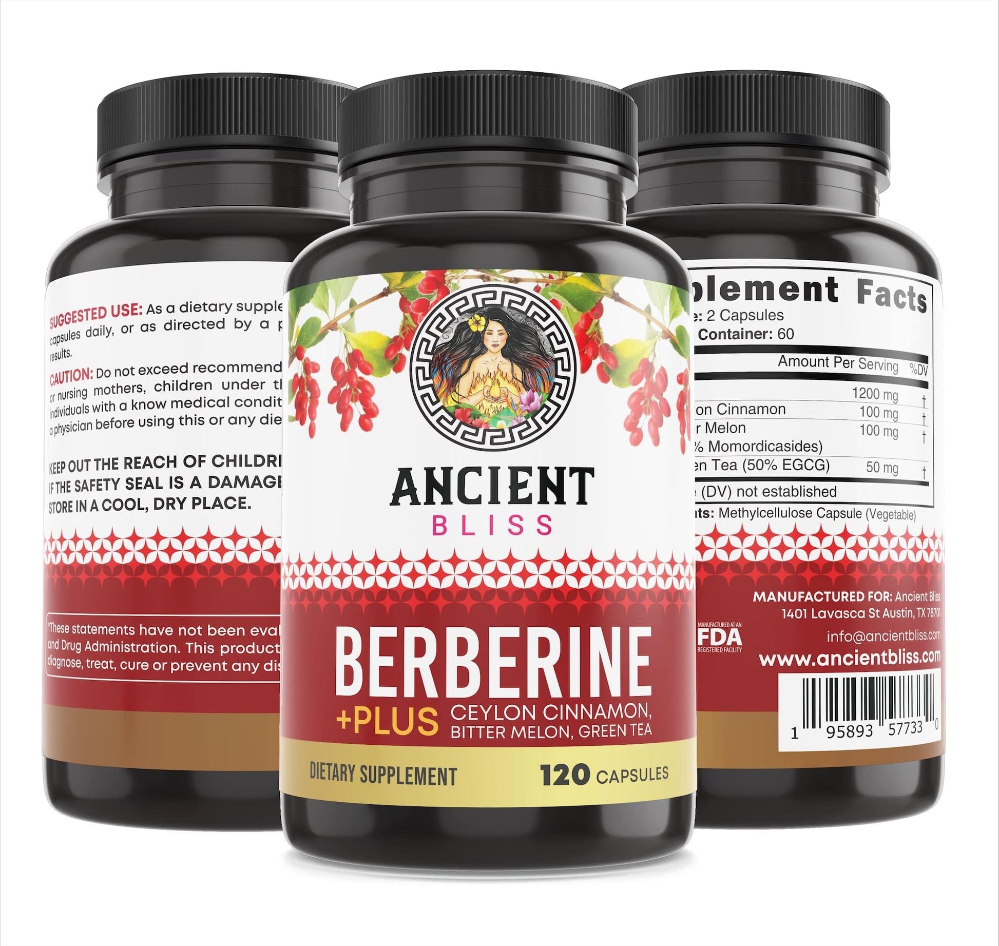 Ancient Bliss Berberine HCL 1200mg with Ceylon Cinnamon, Bitter Melon, and Green Tea Extract - 120 Capsules - Medaid International