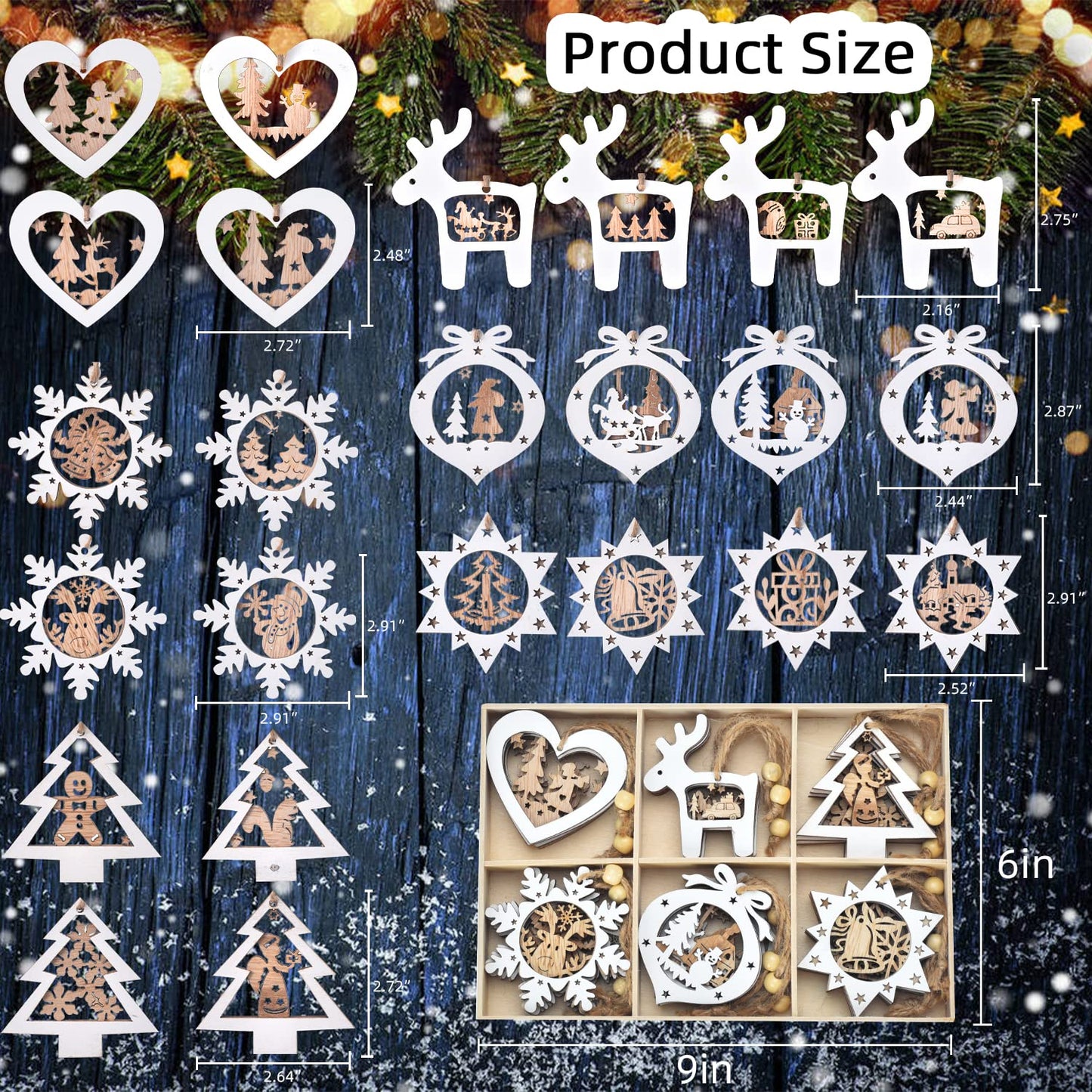 IDATOO Christmas Tree Ornaments Set of 24 Wooden Craved Hanging Craft Decorations for Winter Wonderland, 3D Rustic Farmhouse Christmas Ornaments Holiday Decor for Christmas Tree Home Office (White) - Medaid International