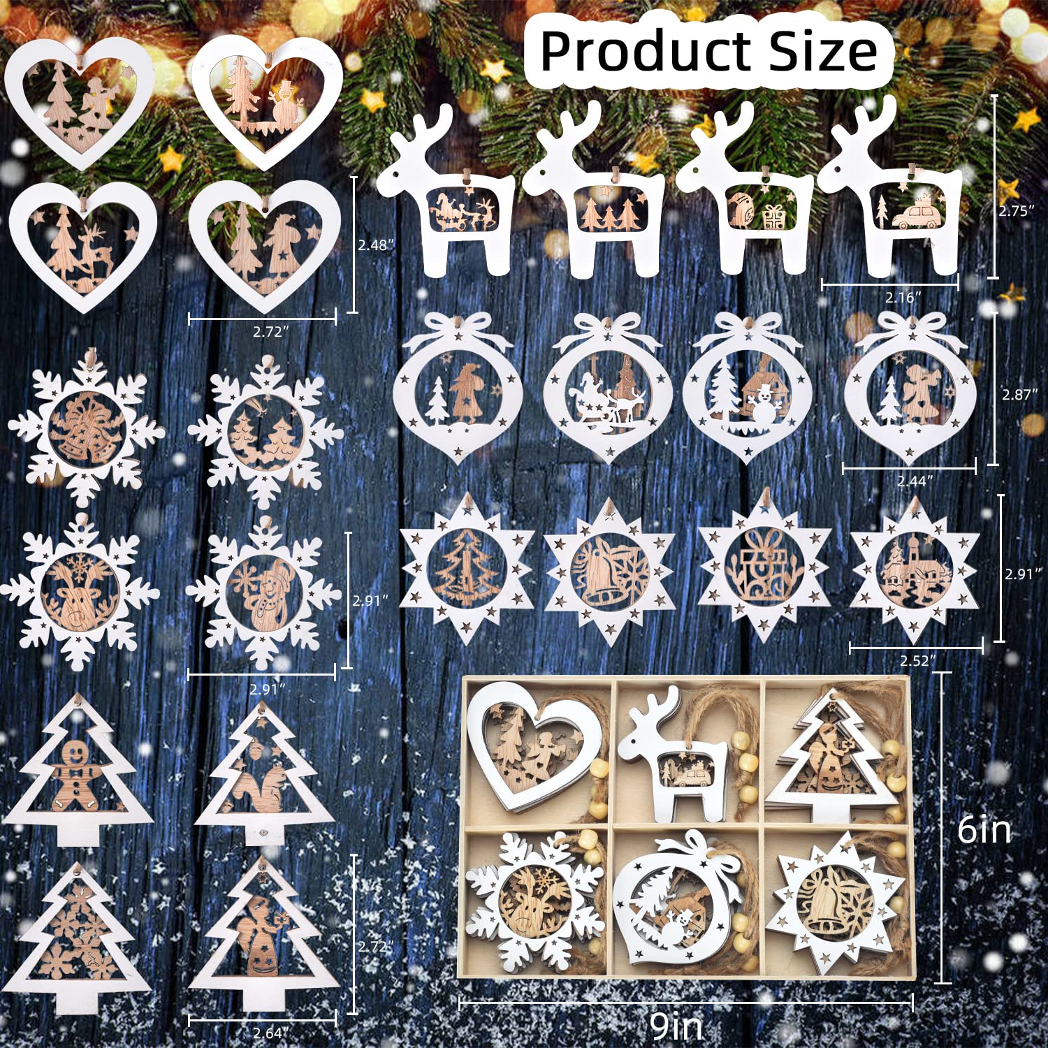 IDATOO Christmas Tree Ornaments Set of 24 Wooden Craved Hanging Craft Decorations for Winter Wonderland, 3D Rustic Farmhouse Christmas Ornaments Holiday Decor for Christmas Tree Home Office (White) - Medaid International