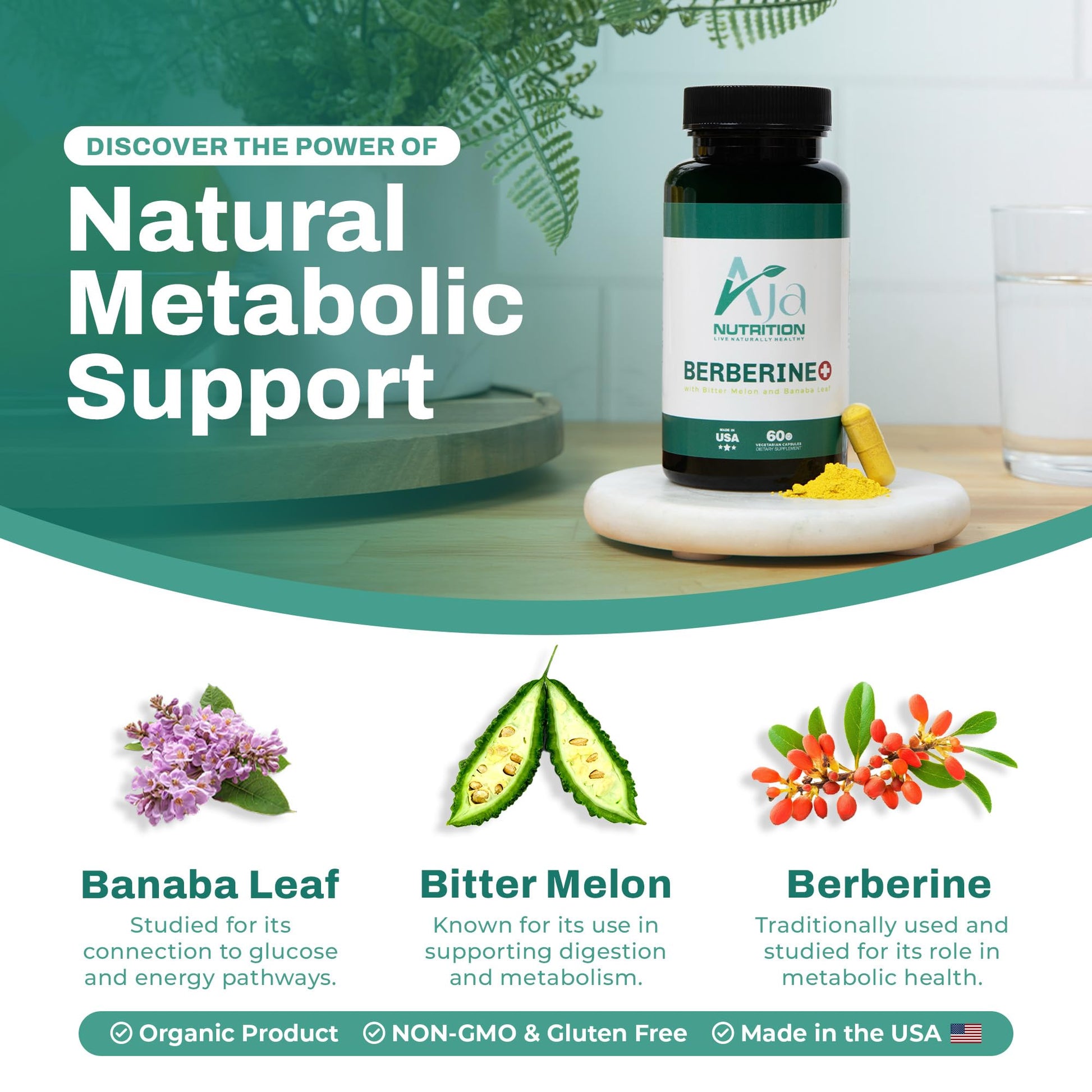 Aja Nutrition Berberine Plus – Triple Action Metabolic Support Supplement with Berberine HCl 500mg, Bitter Melon & Banaba Leaf – 1250mg Herbal Actives – Energy & Digestive Support – 60 Vegan Capsules - Medaid International