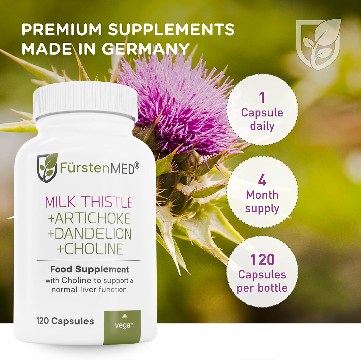 FürstenMED Milk Thistle with Artichoke Extract, Dandelion Root & Choline - Normal Liver Health Supplement - Highly Dosed with 80% Silymarin - Vegan Liver Support - 120 Non-GMO Capsule - Medaid International