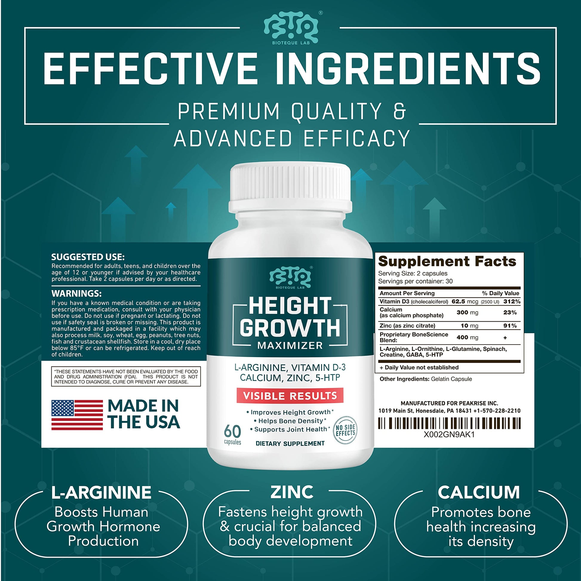 BIOTEQUELAB Height Growth Maximizer, Calcium, Vitamin D3 and Zinc Blend Pills, Bone Growth Supplement for Kids and Teens, Bone Strength, Density Support, GMO-Free, Gluten-Free, Made in USA, 60 Caps - Medaid International