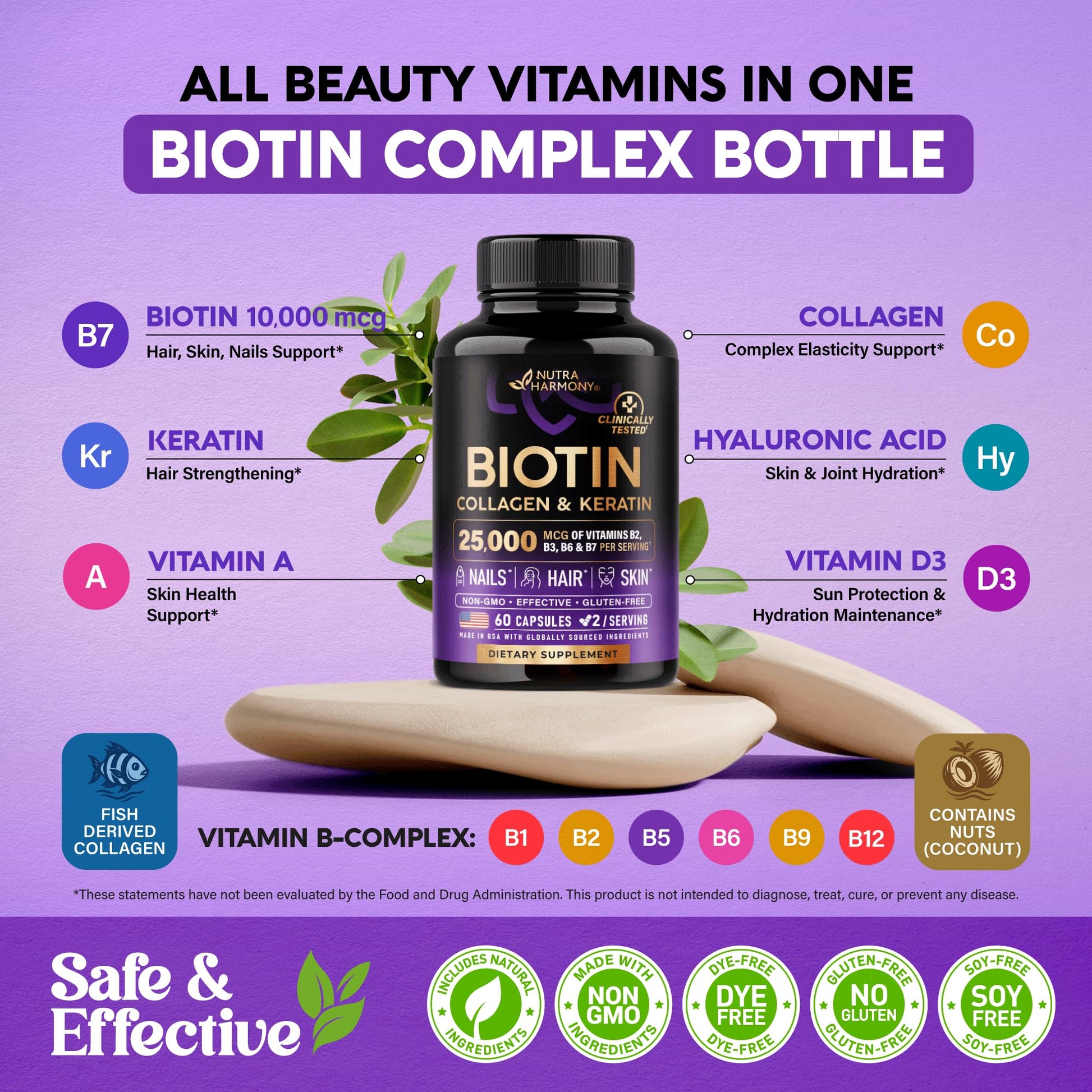 Biotin | Collagen | Hyaluronic Acid | Keratin - Clinically Tested Supplement - Hair Growth Support, Skin & Nails - 25000 mcg Vitamins B2, B3, B6 & B7 + B1 - Made in USA - Women & Men | 60 Capsules - Medaid International
