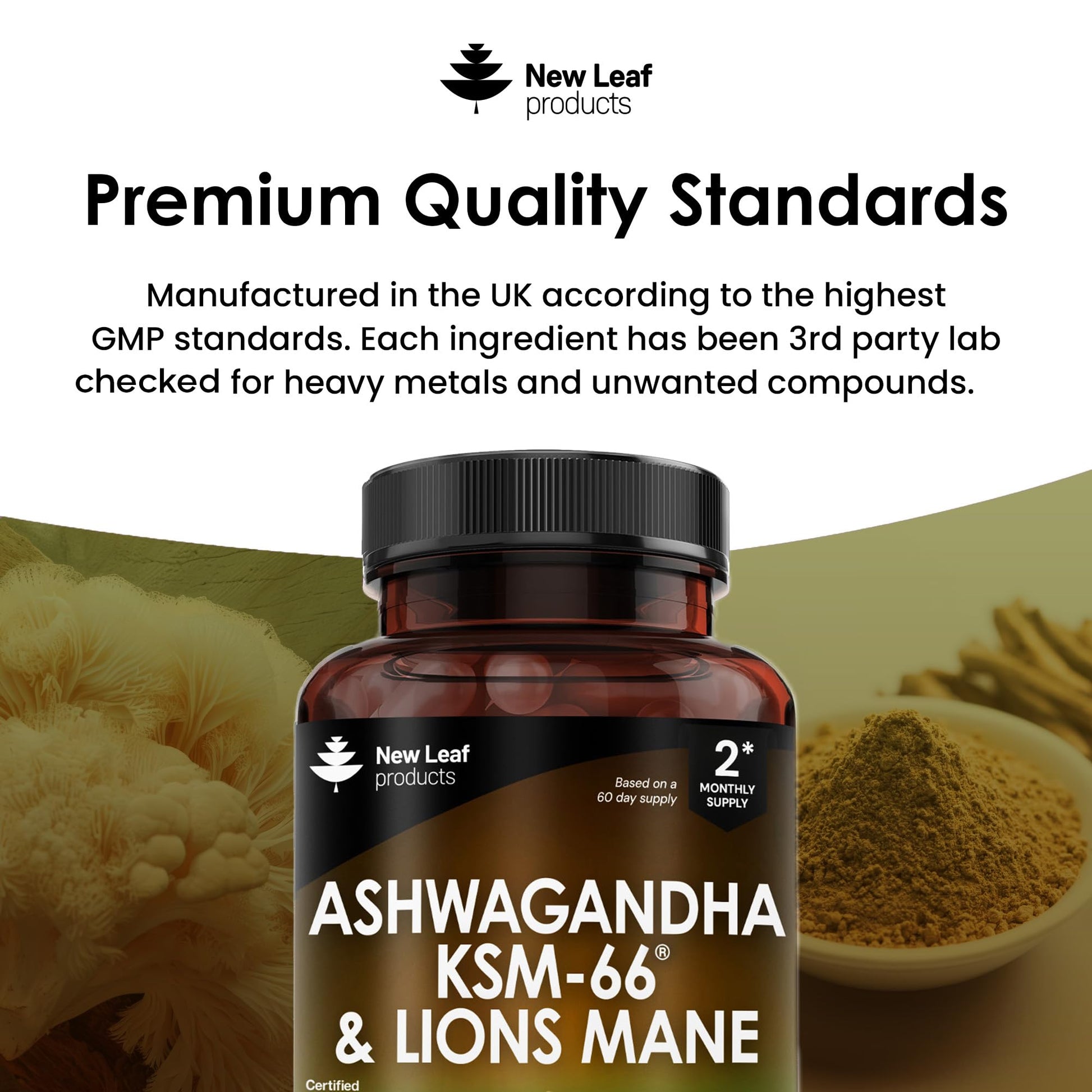 Ashwagandha KSM-66 and Lions Mane Capsules - High Strength 2000mg KSM-66 Ashwaghandha Root Extract and Lions Mane Mushroom Extract - 120 Vegan Capsules with Black Pepper - UK Made by New Leaf - Medaid International