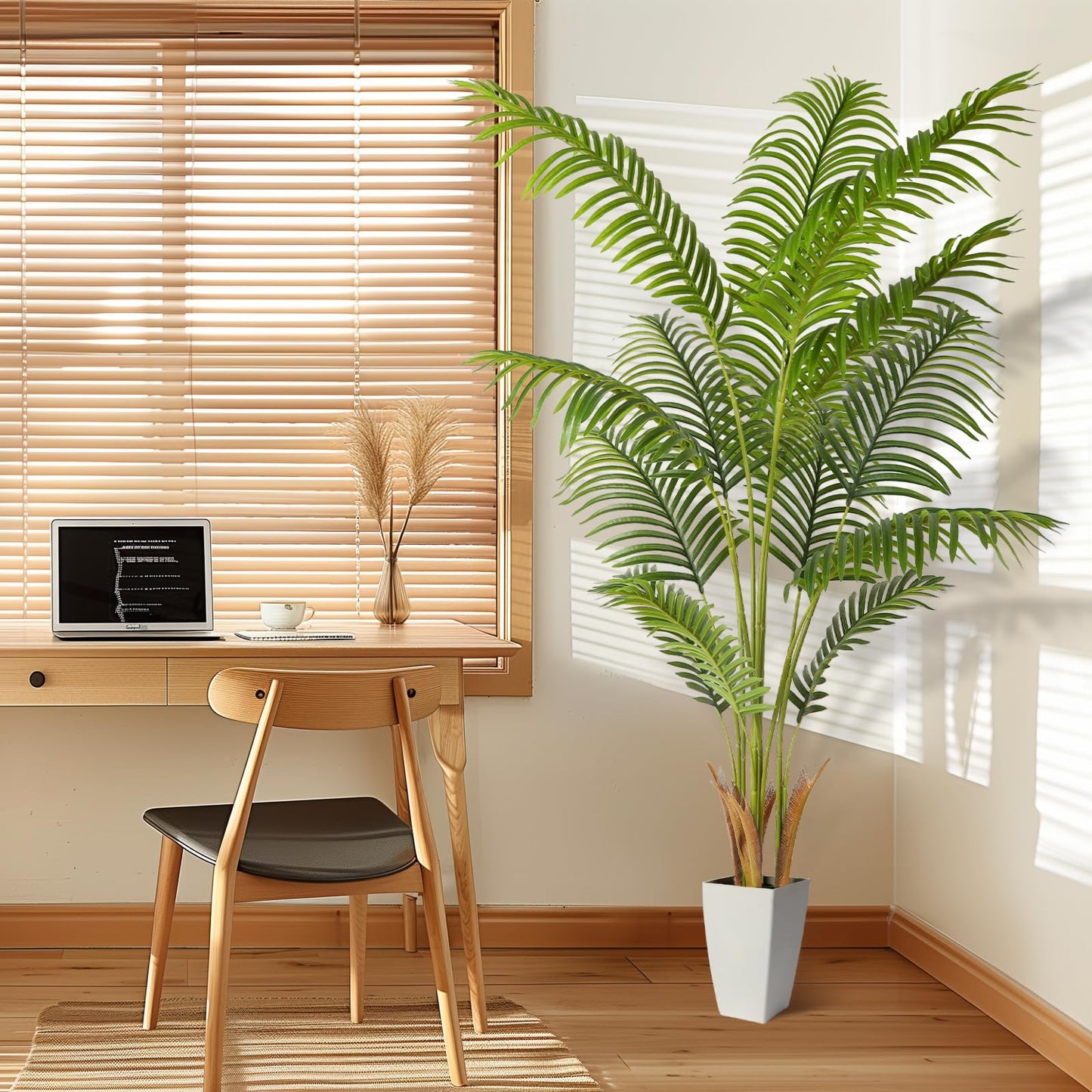 Alupssuc 5ft Artificial Palm Tree with White Planter, Tall Fake Palm Tree with Natural Trunk and Lifelike Leaves for Home Office Housewarming Gift, Artificial Silk Plant for Living Room Decor Indoor - Medaid International