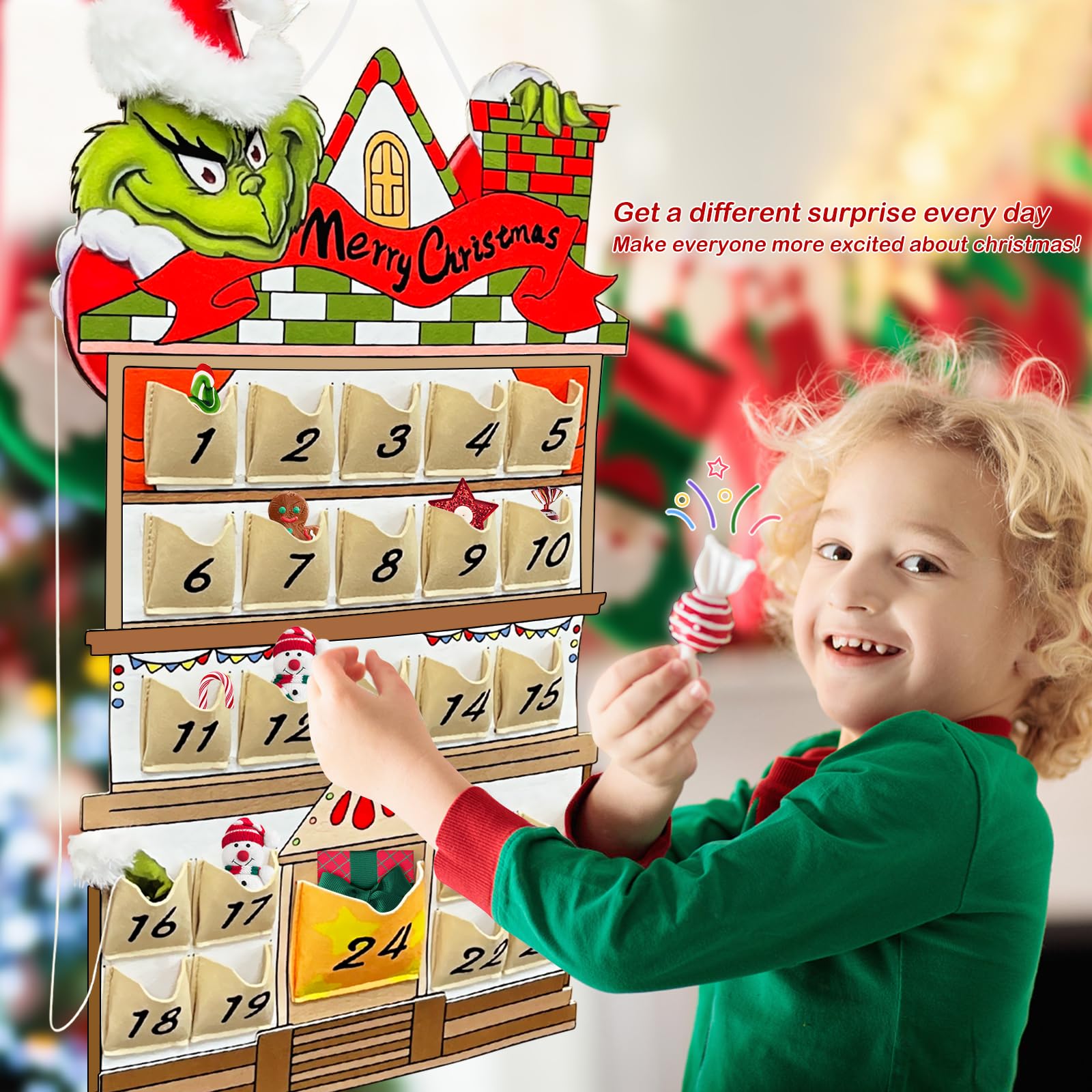 KOUPA Hanging Christmas Countdown Advent Calendar, Santa Grinch Green Haired Monster Decoration, Reusable Xmas Gift for Holiday Party Winter - Medaid International