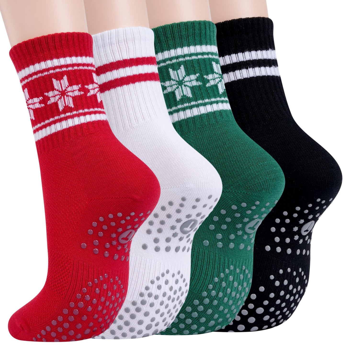 Toes Home Pilates Socks for Women with Non Slip Grips, Christmas Gifts Yoga Crew Socks for Barre Hospital Slipper 4 Pairs Red Green - Medaid International