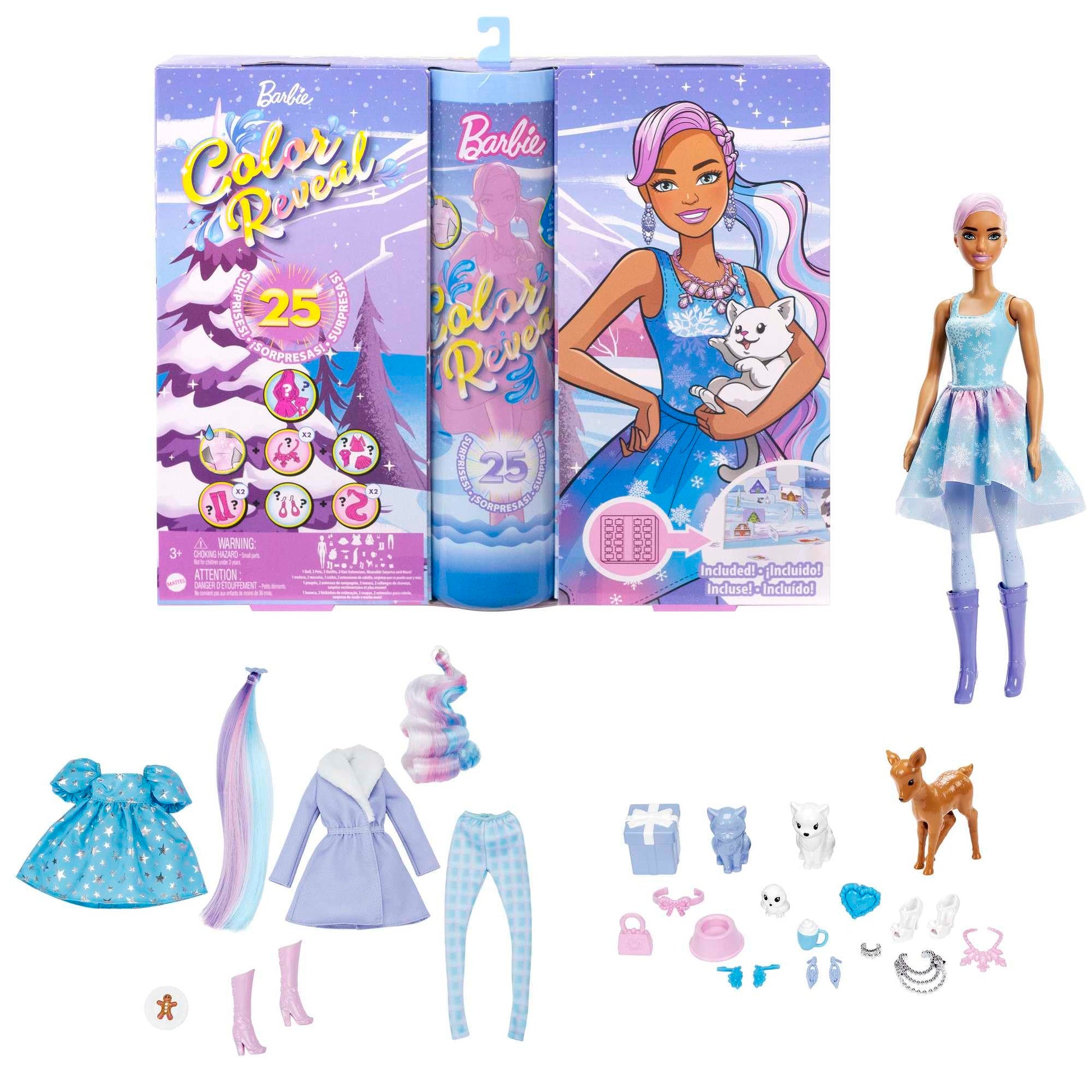 Barbie Color Reveal Advent Calendar, 1 Color Reveal Doll & 3 Pets, Clothes, Accessories & 2 Hair Extensions, 25 Surprises, for Kids - Medaid International