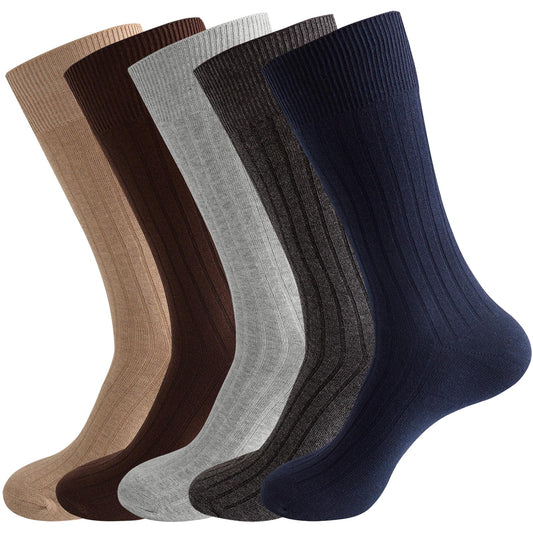 PUJANE Men's Dress Crew Socks 5 Pairs Mens Cotton Calf Business Formal Soft Breathable Athletic Long Sport Socks (Multicolor Size L) - Medaid International