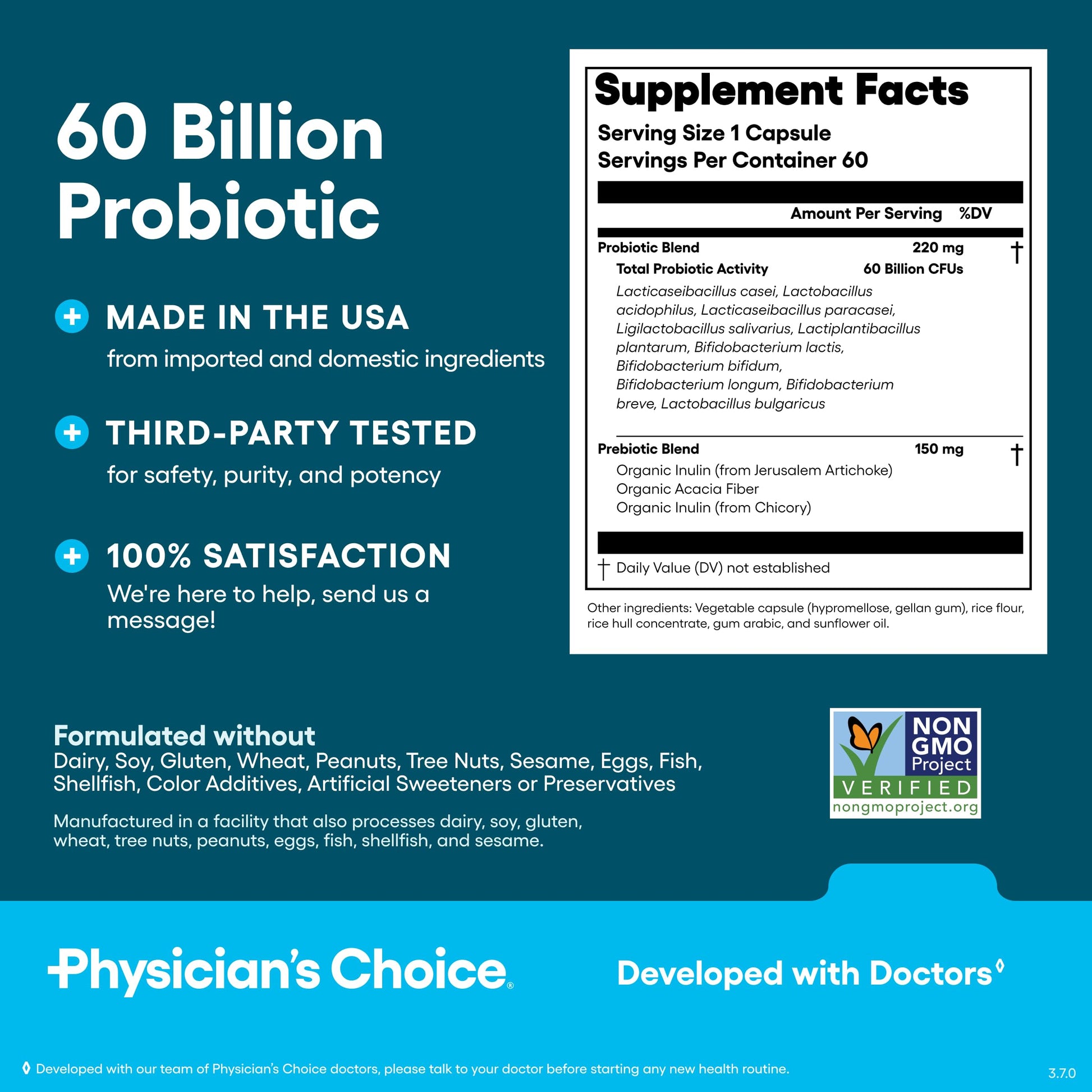 Physician's CHOICE Probiotics 60 Billion CFU - 10 Strains + Organic Prebiotics - Immune, Digestive & Gut Health - Supports Occasional Constipation, Diarrhea, Gas & Bloating - for Women & Men - 60ct - Medaid International