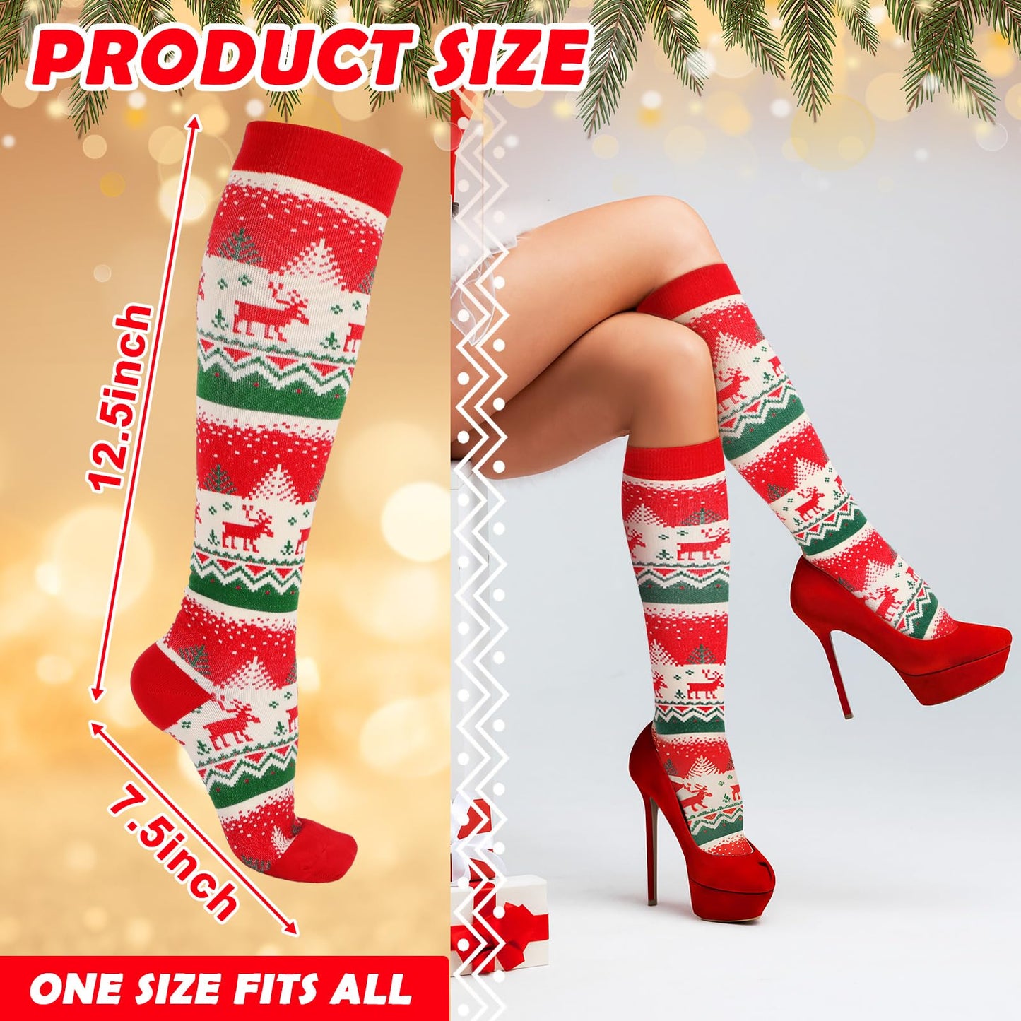 Suhine 4 Pairs Christmas Compression Sock Gift, Christmas Knee High Sock Long Calf Stocking for Xmas Adult Women Nurses Men(Vintage Style) - Medaid International