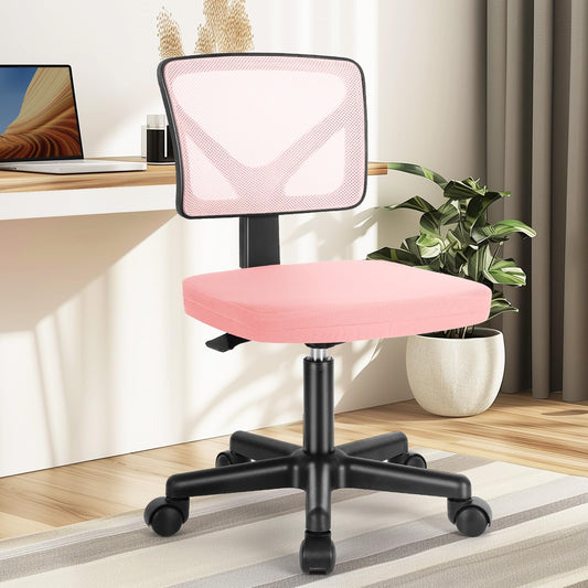 DUMOS Armless Desk Chairs with Wheels, Ergonomic Adjustable Home Office Swivel Rolling Task Chair No Arms, Comfy Mesh Mid Back Computer Work Vanity Desk Seat for Small Spaces, Light Pink - Medaid International