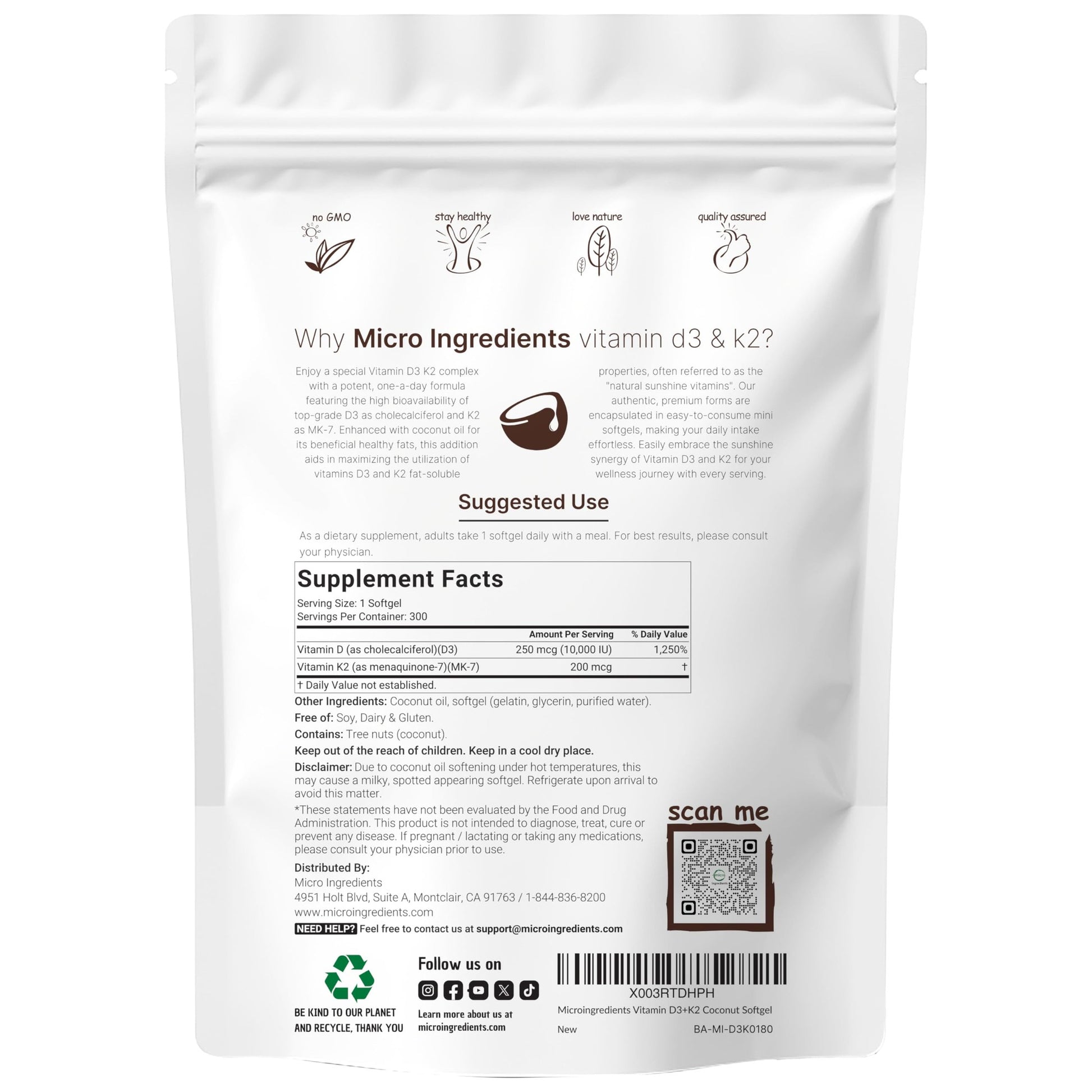 Micro Ingredients Vitamin D3 10,000 IU + K2 MK-7 200 mcg, 300 Softgels | Virgin Coconut Oil | 2-in-1 Bone, Immune & Heart Support | Easy to Swallow, Non-GMO - Medaid International