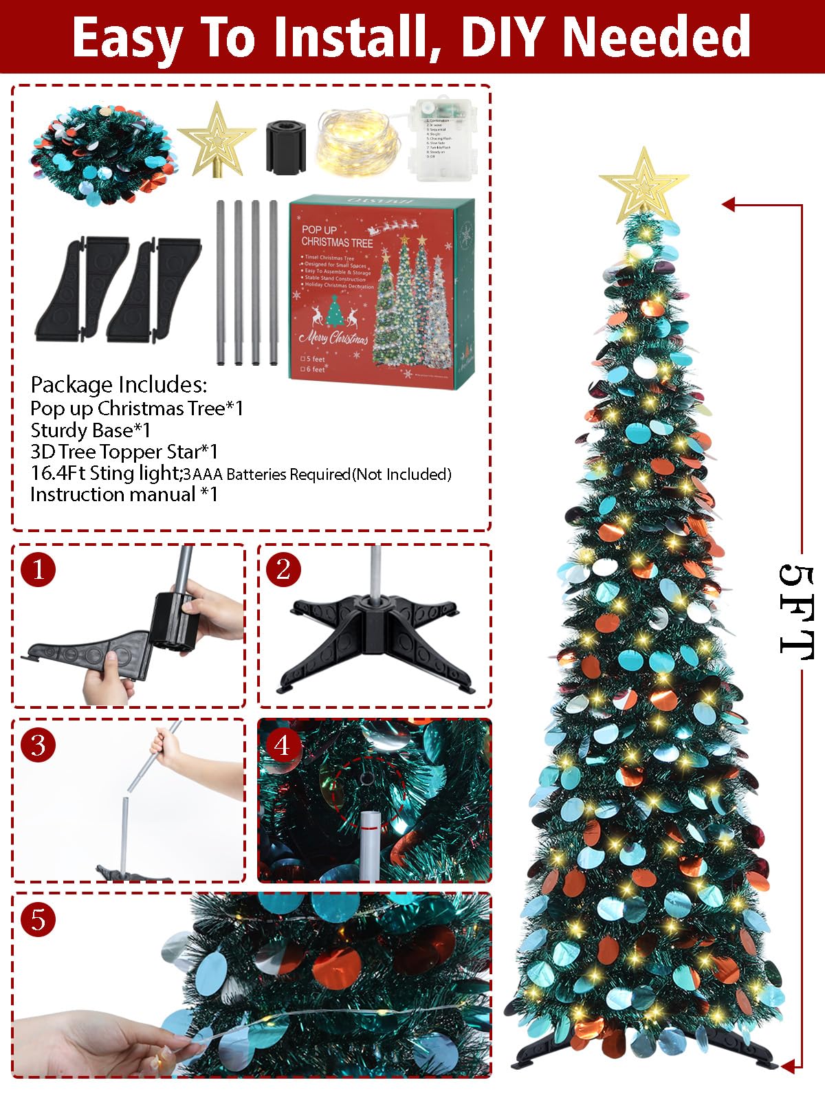 HMASYO 5 FT Pop Up Christmas Tree with Timer Lights, Blue Christmas Tinsel Tree, Collapsible Artificial Pencil Christmas Tree for Indoor Home Apartment Porch Holiday Party Decorations - Medaid International