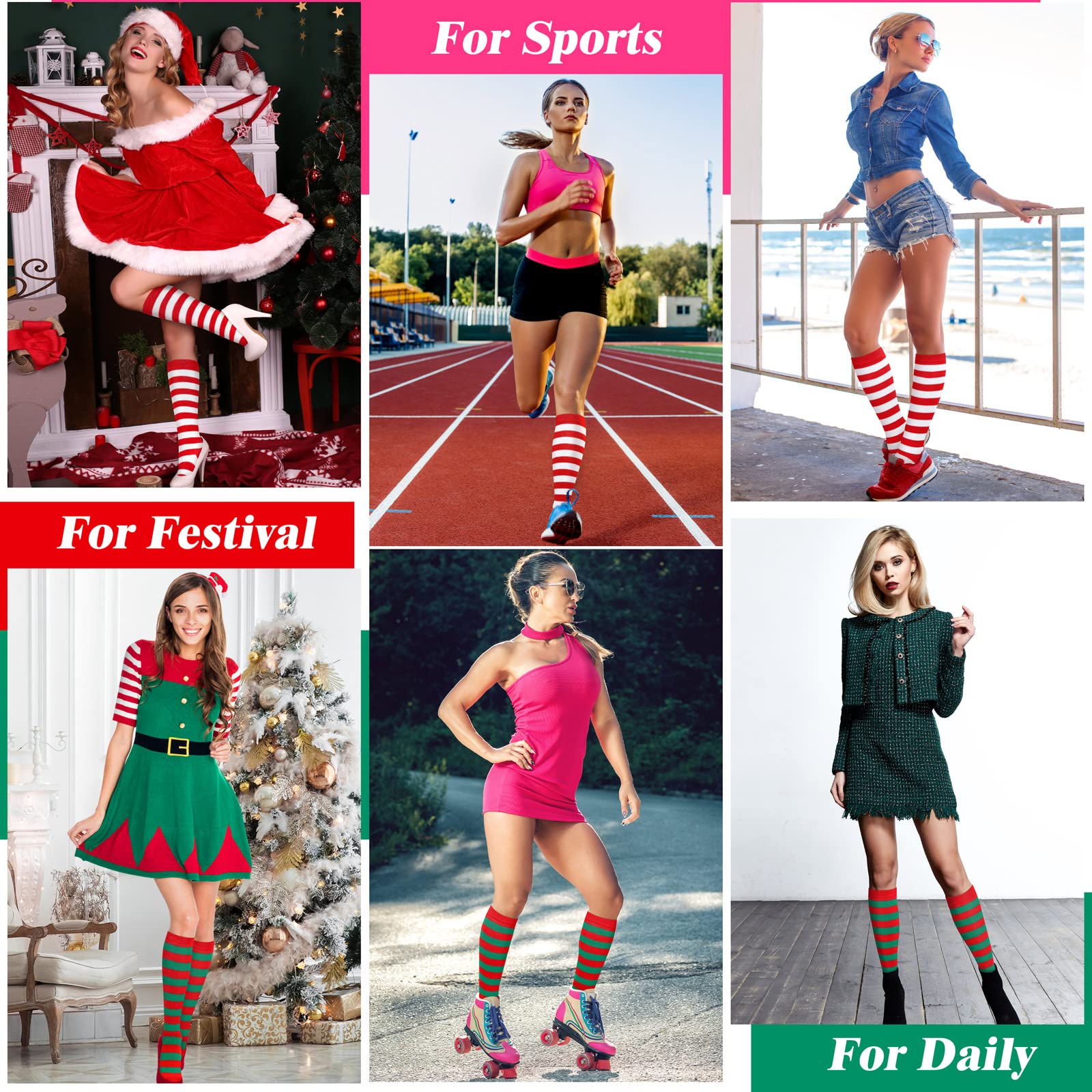 Red Christmas Knee High Socks Women Striped Sock Elf Costumes Christmas Sock Women Red and Green Striped Knee High Socks - Medaid International